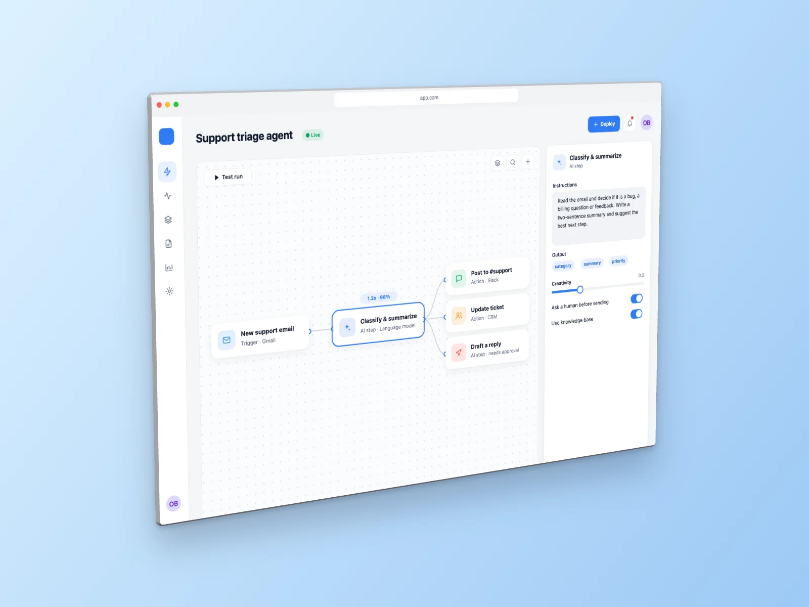 AI Agent Builder mockup on Browser Window, left angle