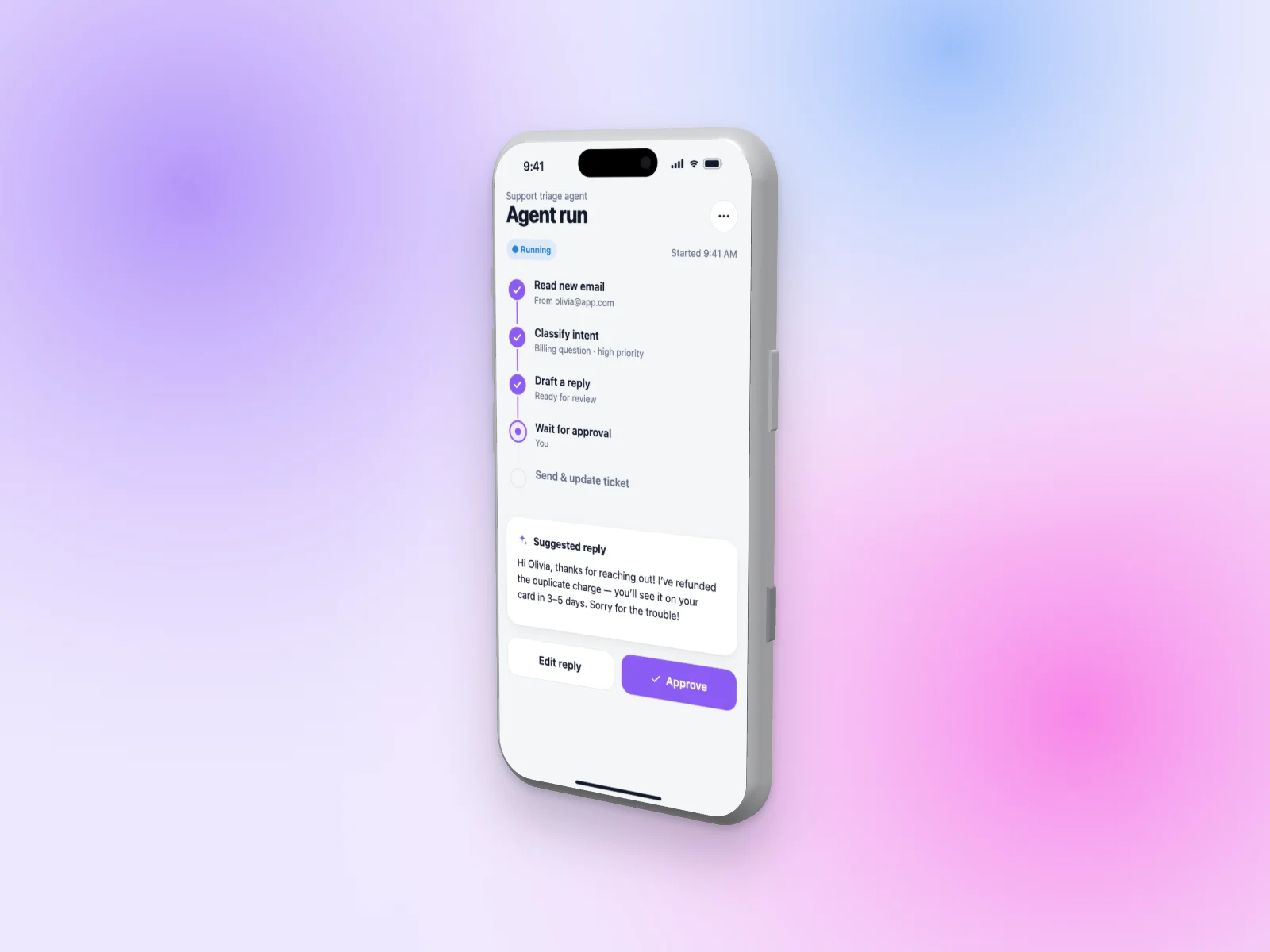 AI Agent Builder mockup on iPhone 17 Pro, right angle
