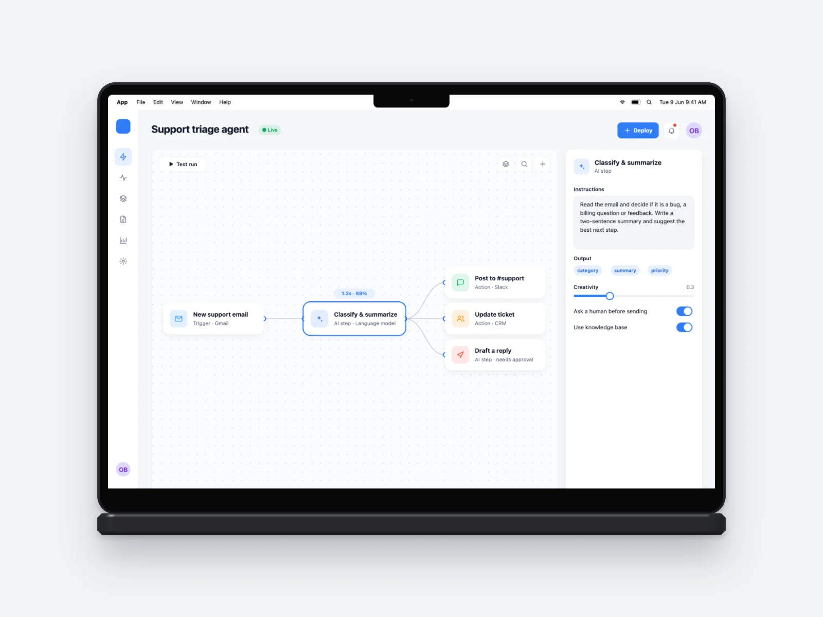 AI Agent Builder mockup on MacBook Pro 14-inch
