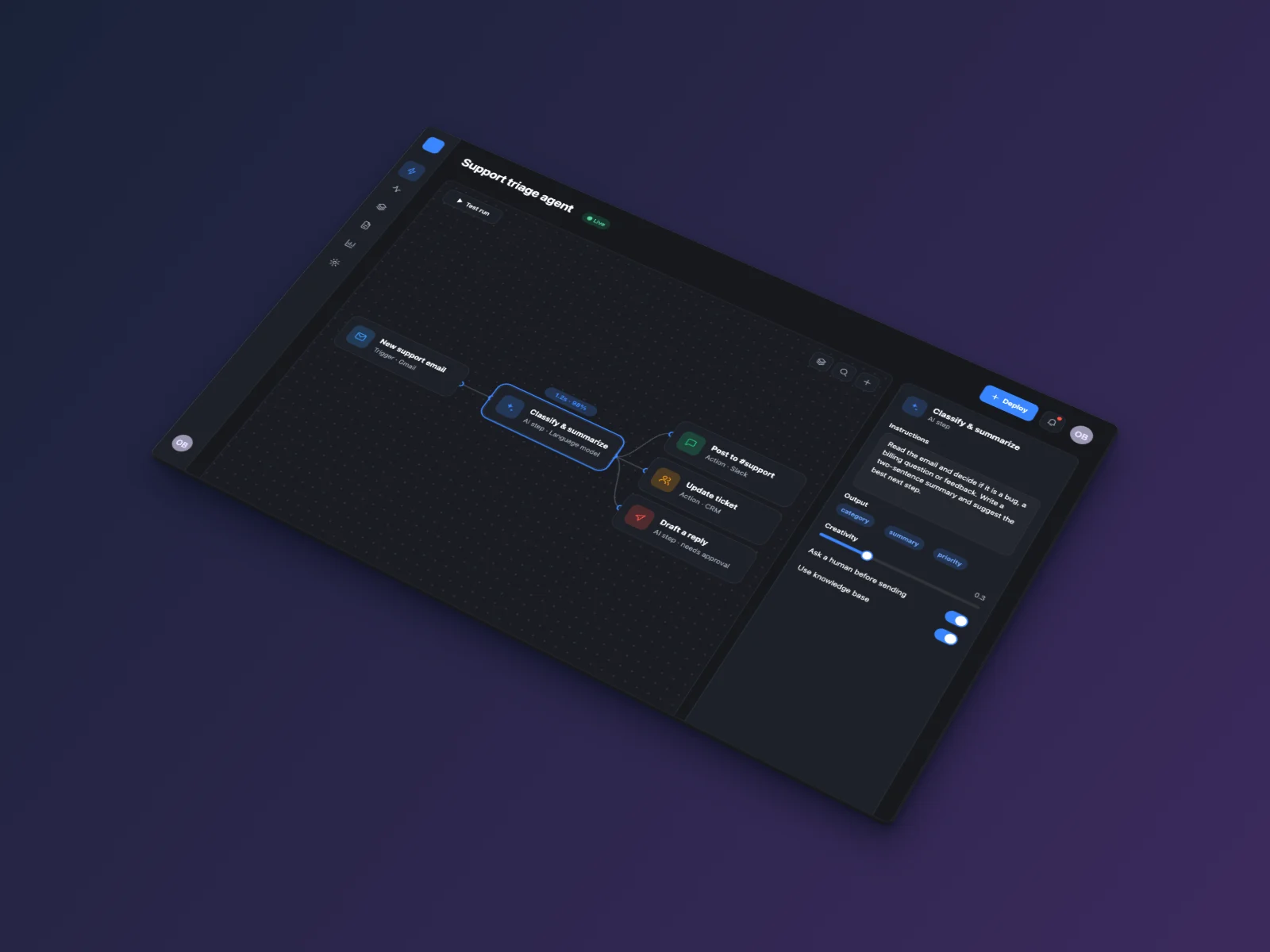 AI Agent Builder UI screenshot, isometric, dark mode