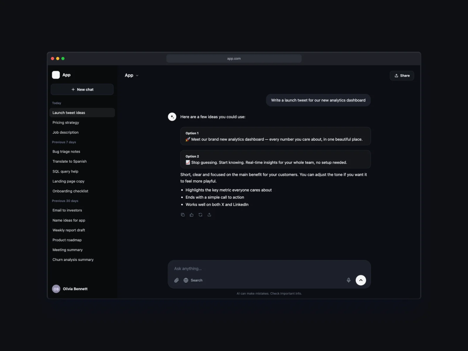 AI Chat mockup on Browser Window, dark mode