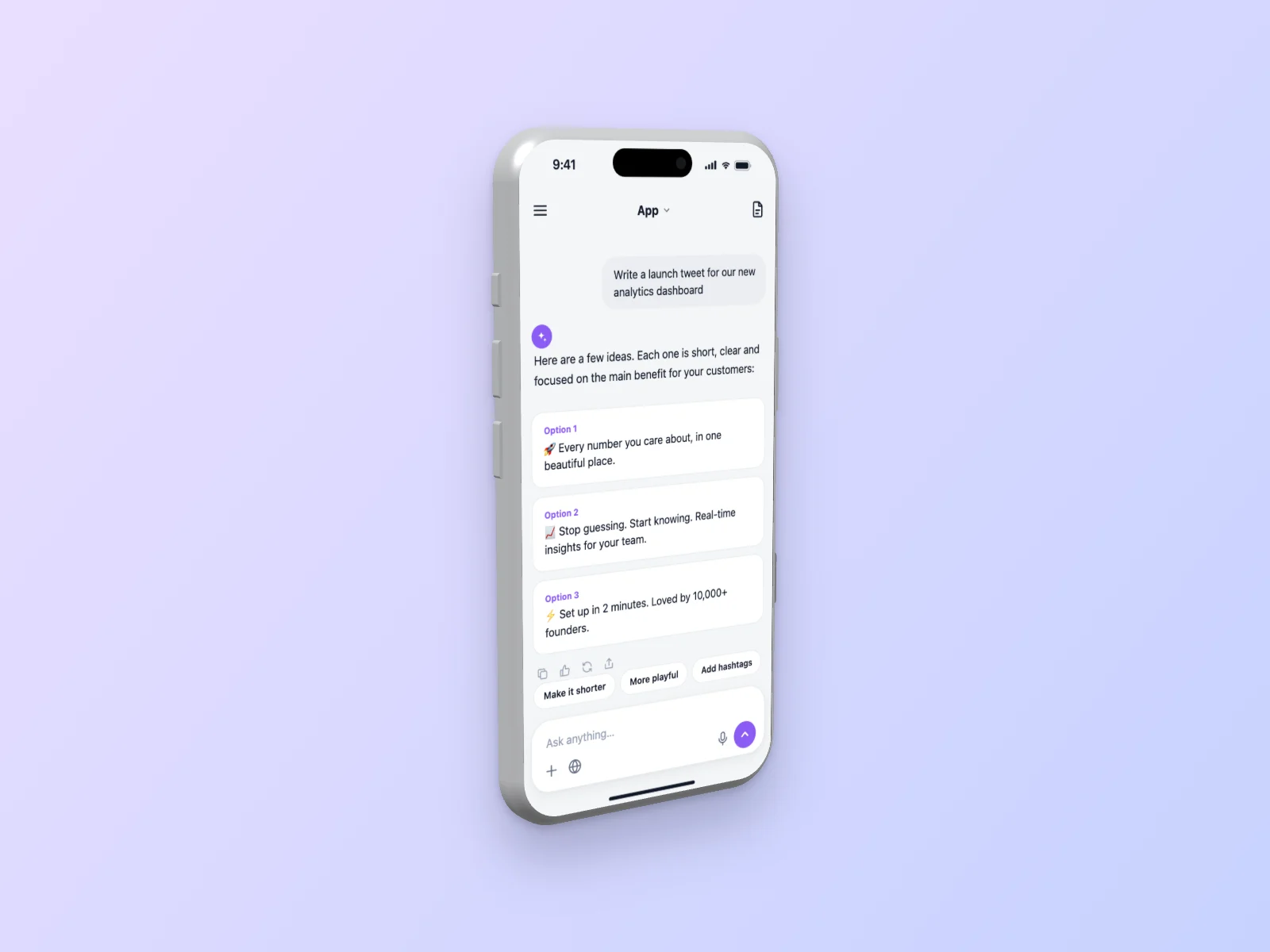 AI Chat mockup on iPhone 17 Pro, left angle