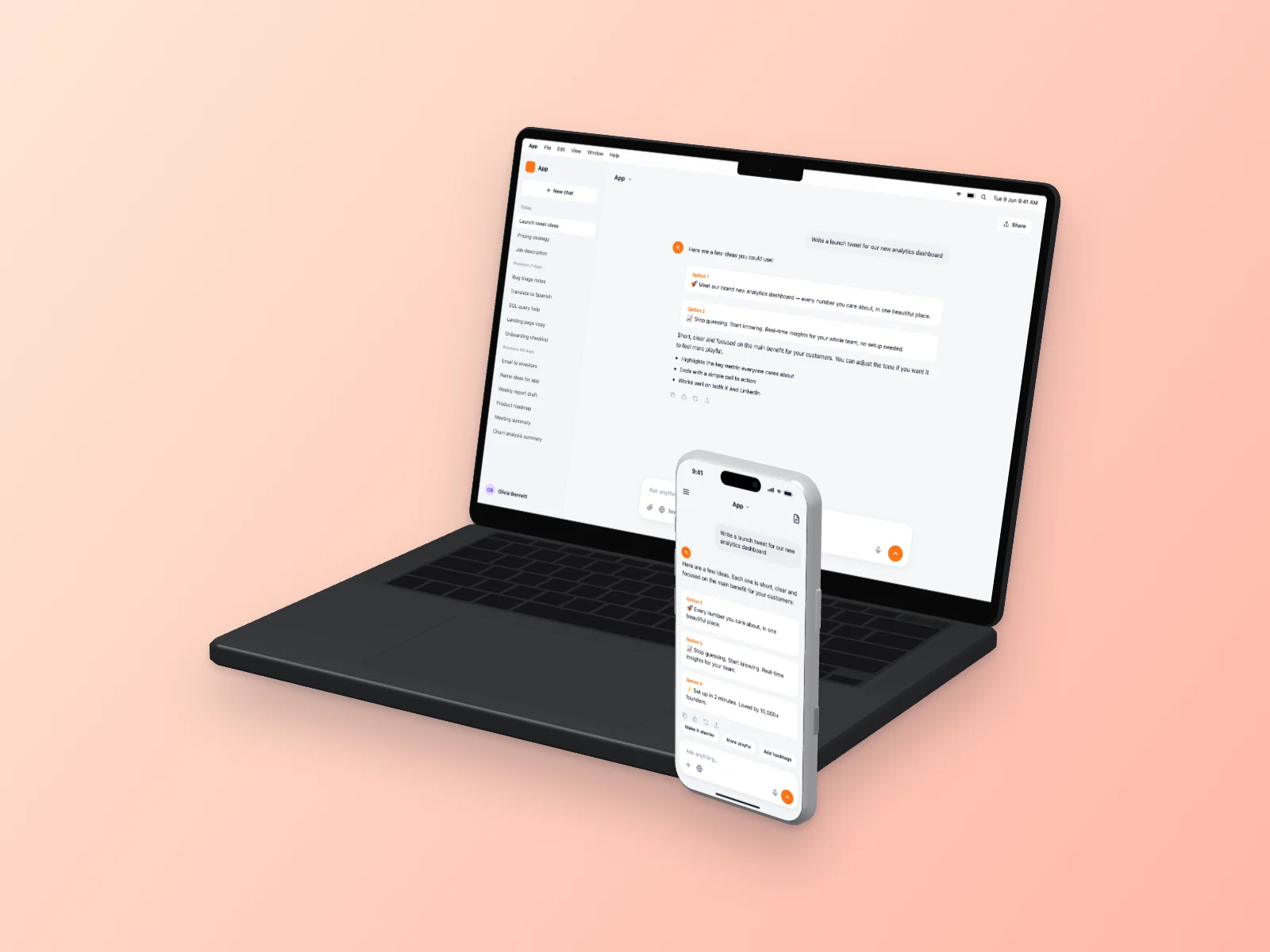 AI Chat mockup on MacBook Pro 14-inch and iPhone 17 Pro, right angle