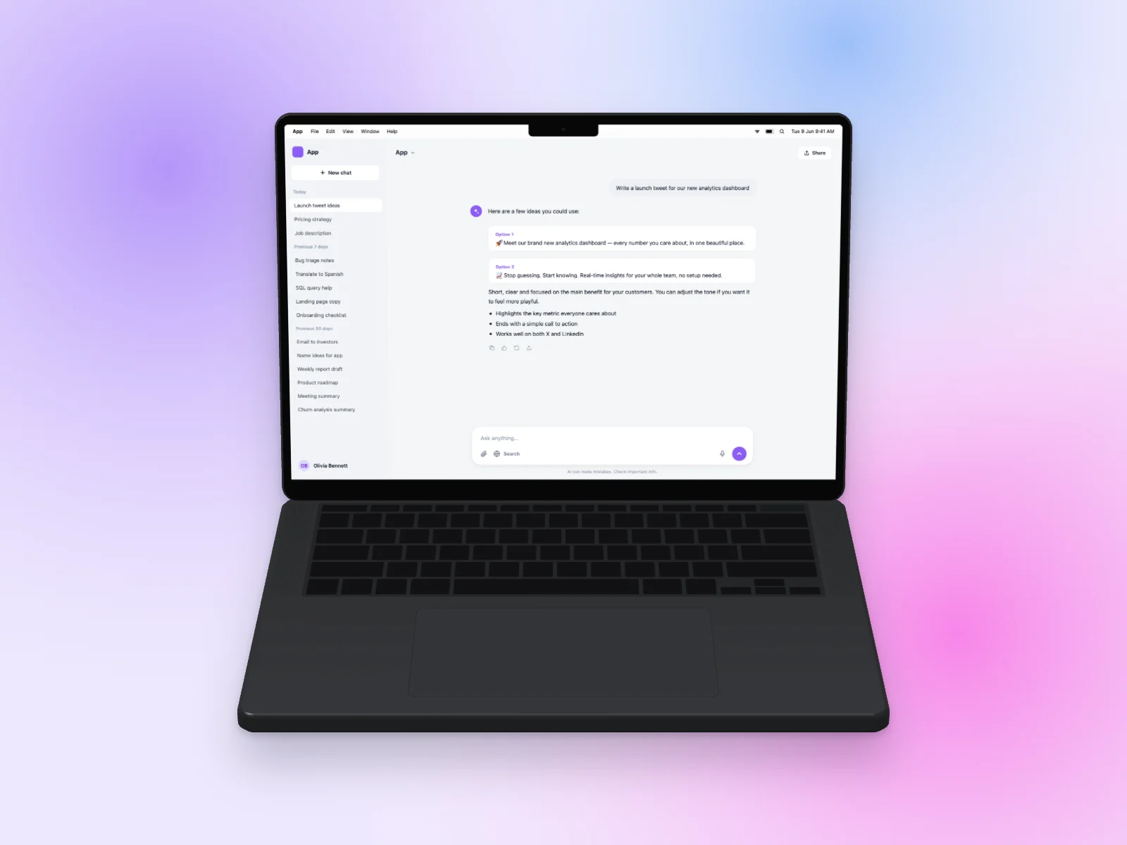 AI Chat mockup on MacBook Pro 14-inch, floating 3D