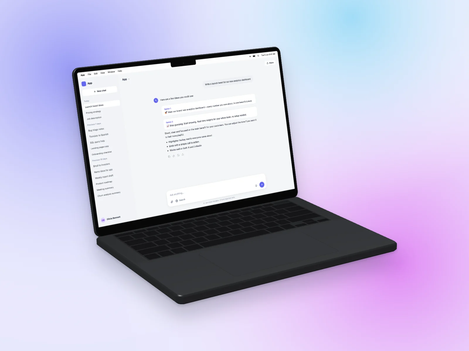 AI Chat mockup on MacBook Pro 14-inch, left angle