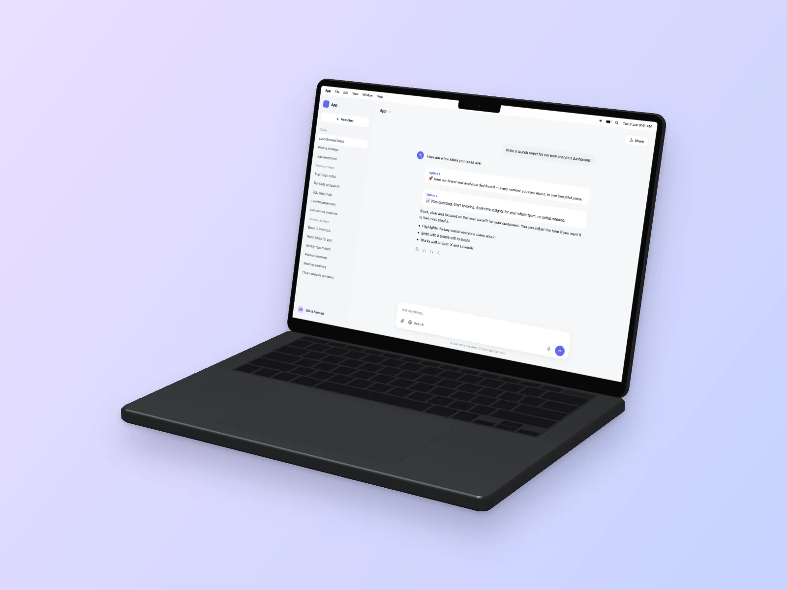 AI Chat mockup on MacBook Pro 14-inch, right angle