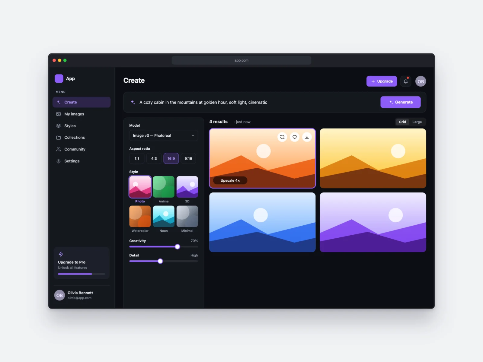 AI Image Generator mockup on Browser Window, dark mode