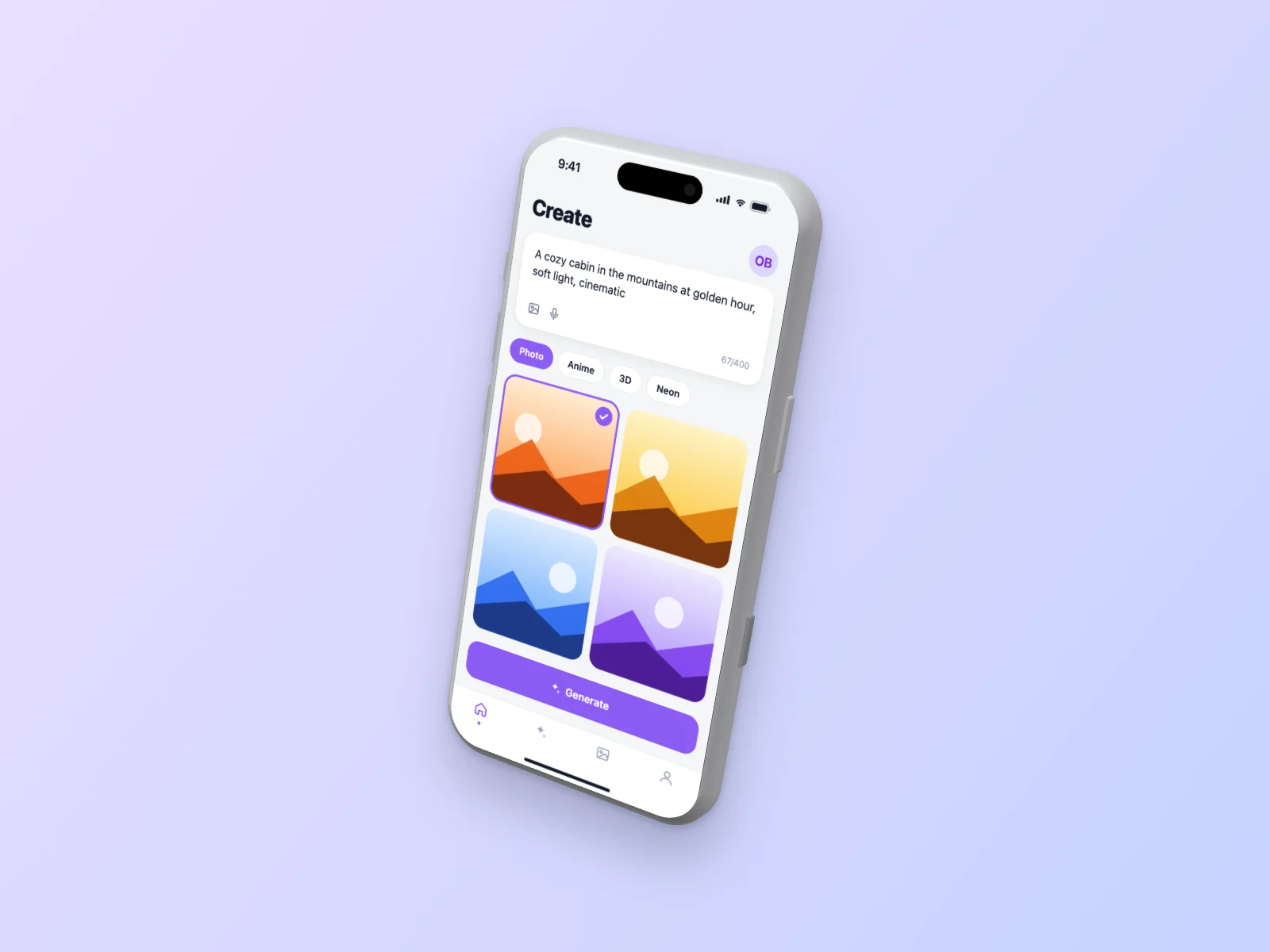 AI Image Generator mockup on iPhone 17 Pro, floating 3D