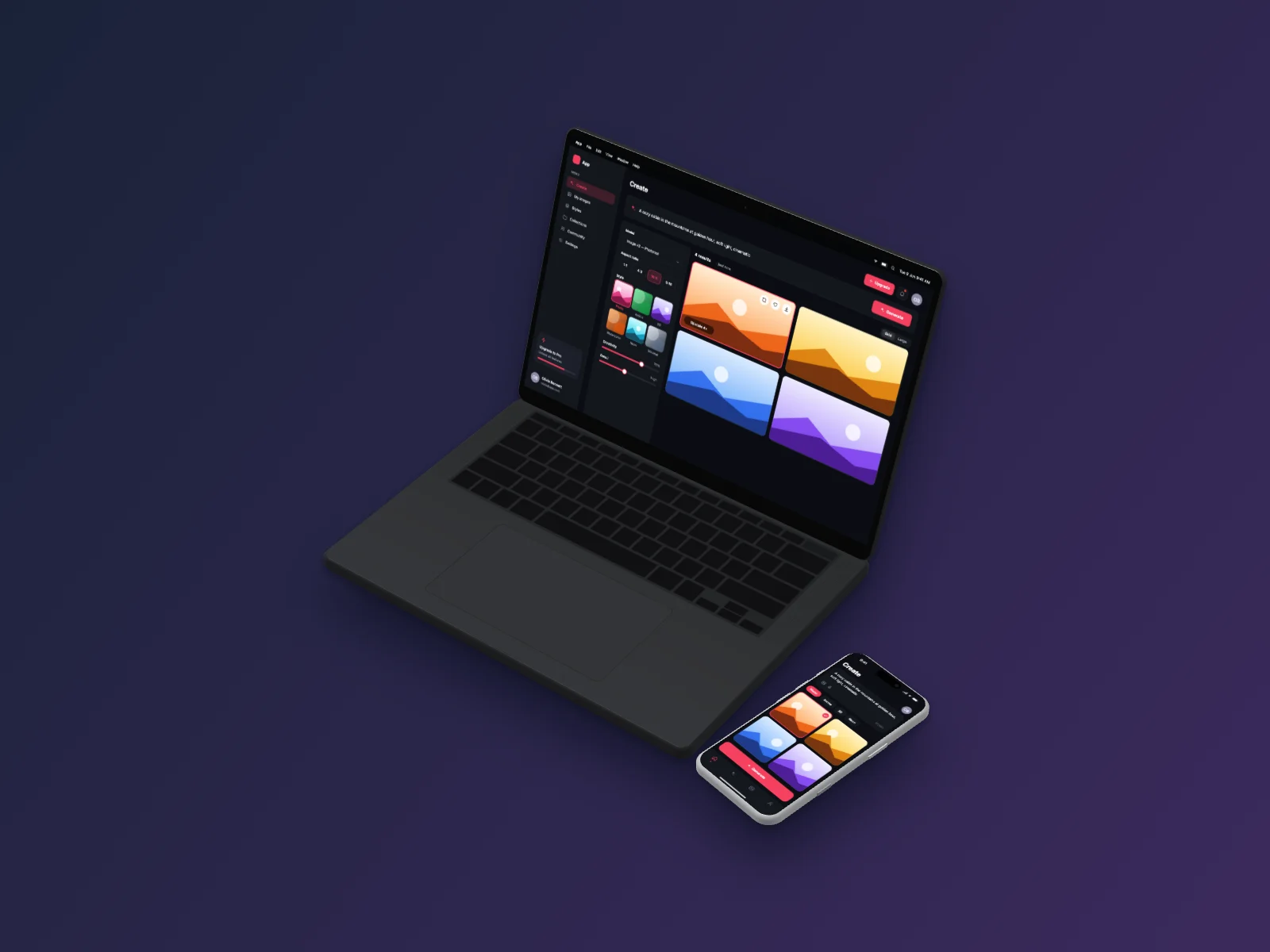AI Image Generator mockup on MacBook Pro 14-inch and iPhone 17 Pro, isometric, dark mode