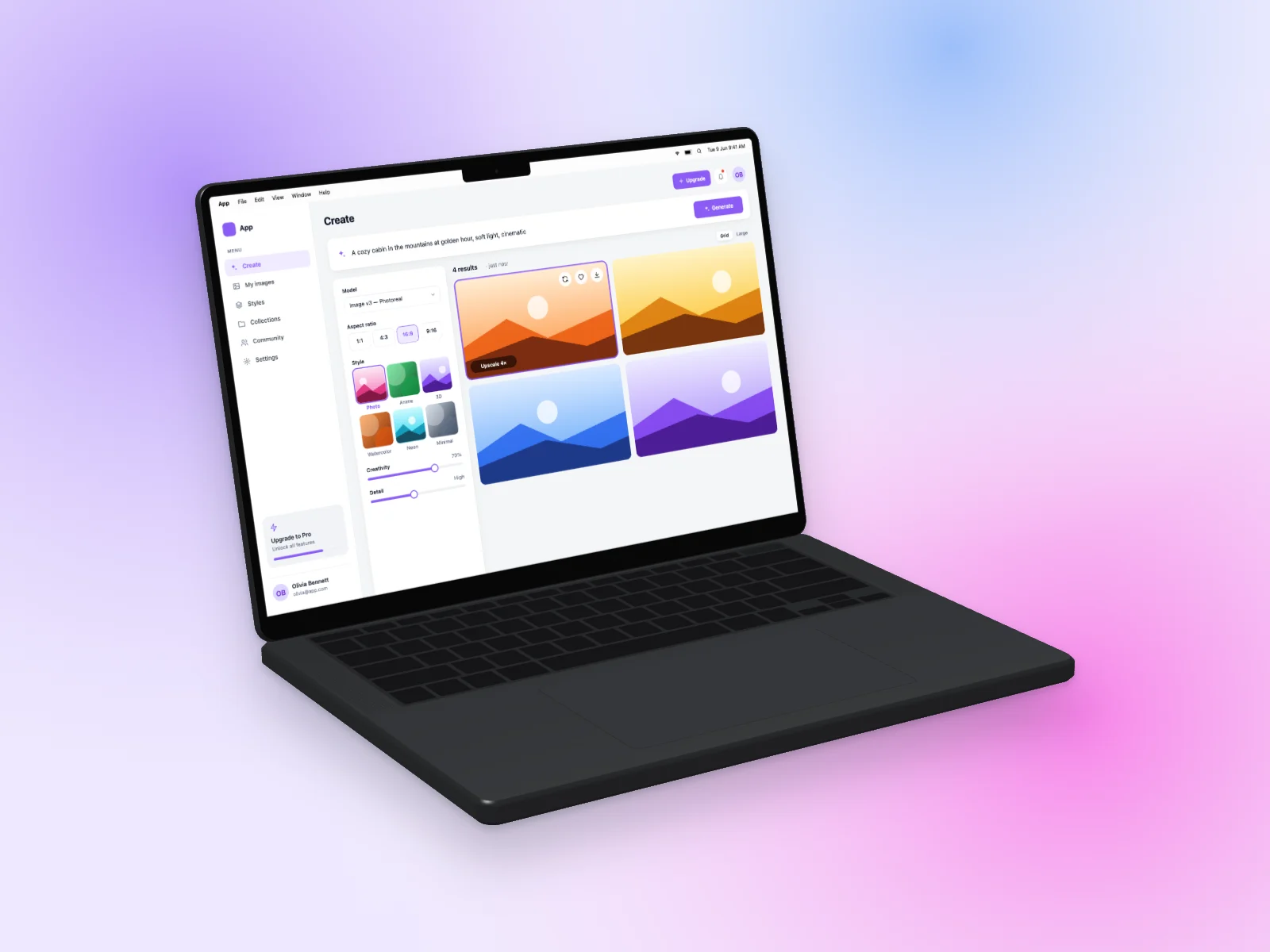 AI Image Generator mockup on MacBook Pro 14-inch, left angle