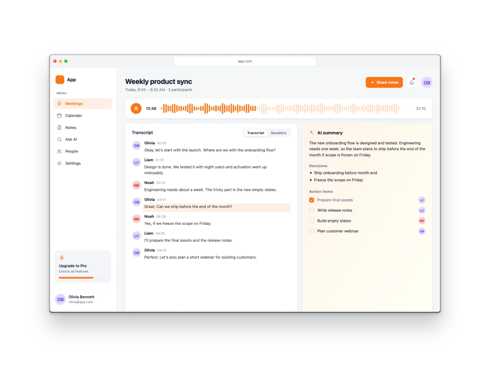 AI Meeting Notes mockup on Browser Window