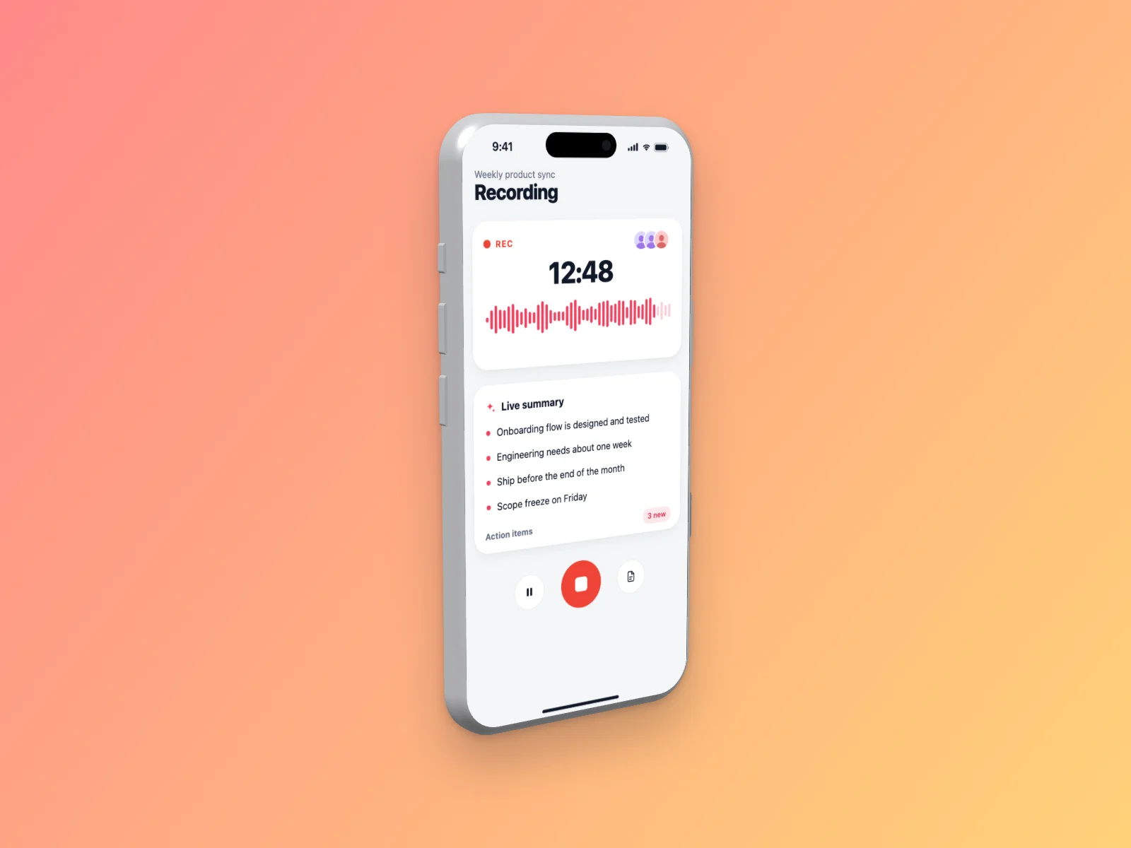 AI Meeting Notes mockup on iPhone 17 Pro, left angle