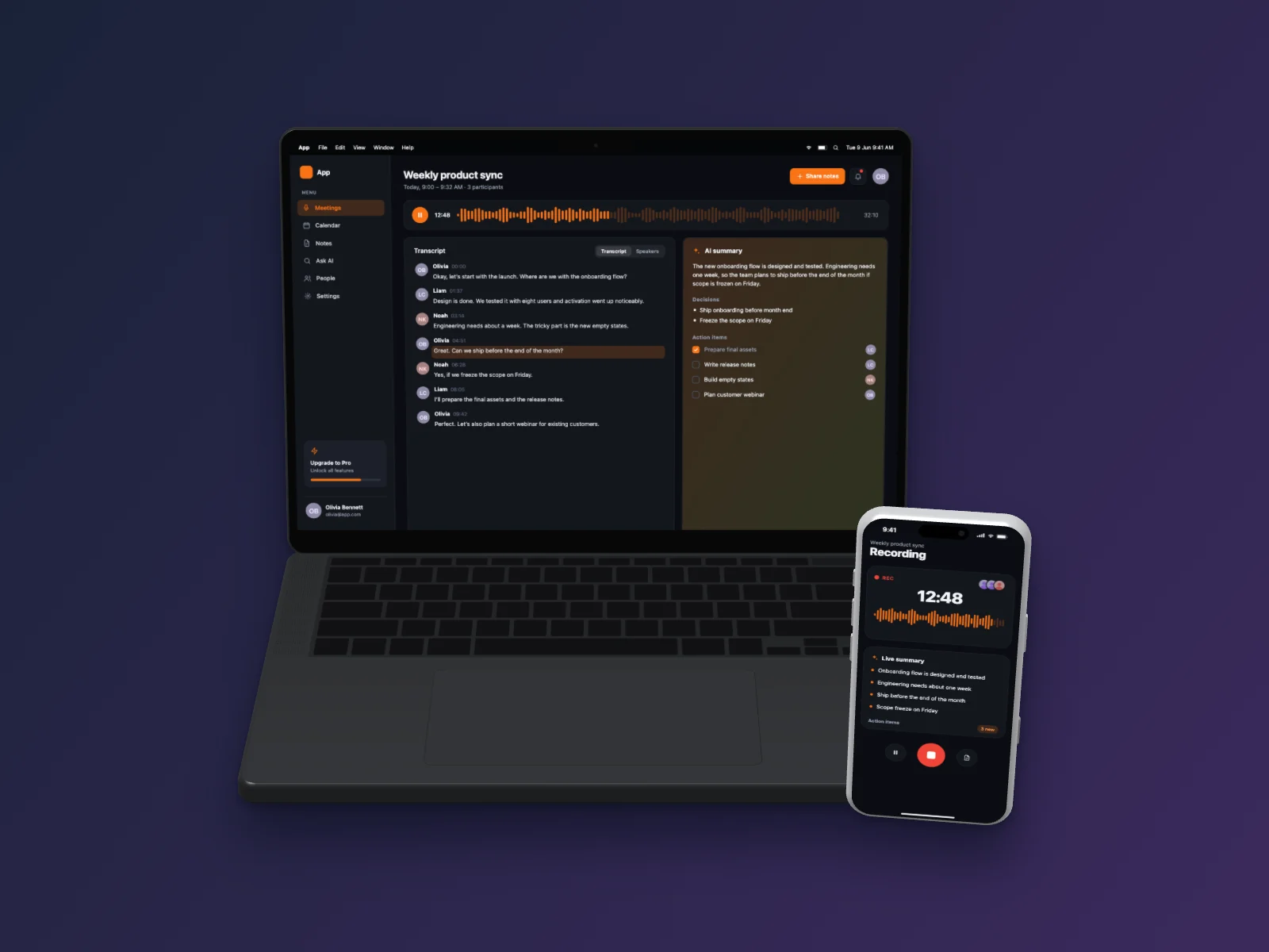 AI Meeting Notes mockup on MacBook Pro 14-inch and iPhone 17 Pro, floating 3D, dark mode