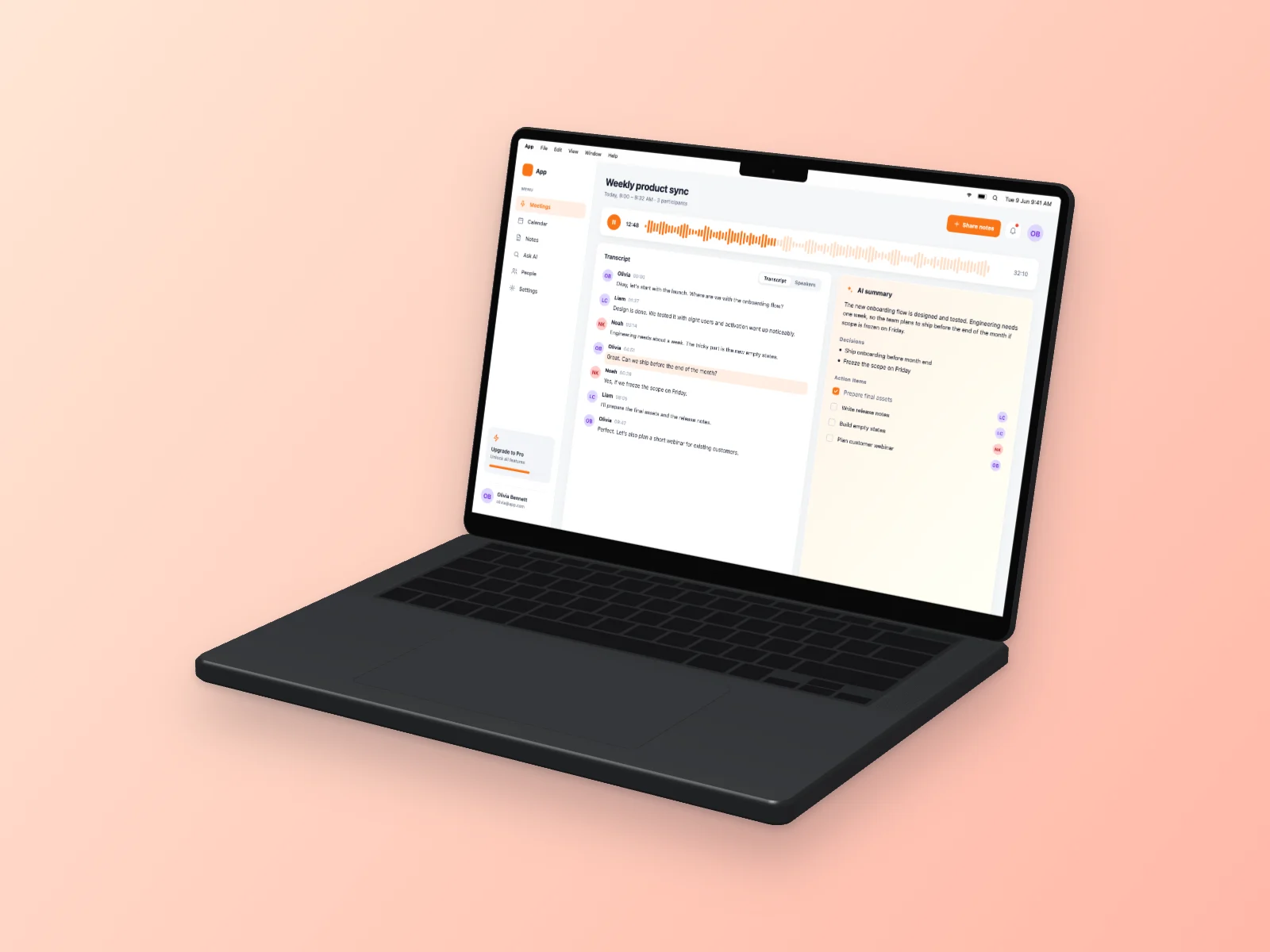AI Meeting Notes mockup on MacBook Pro 14-inch, right angle