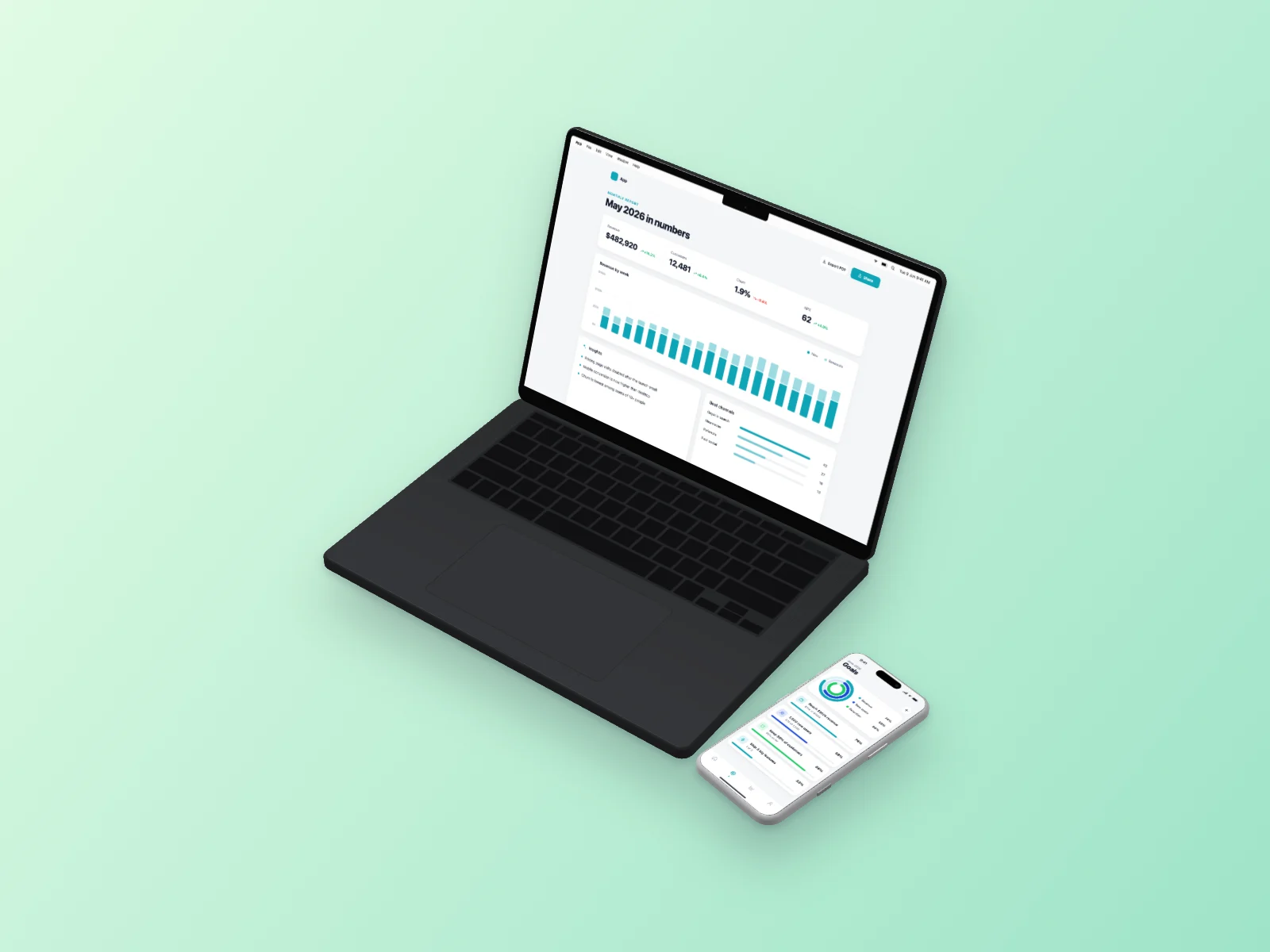 Analytics Dashboard mockup on MacBook Pro 14-inch and iPhone 17 Pro, isometric