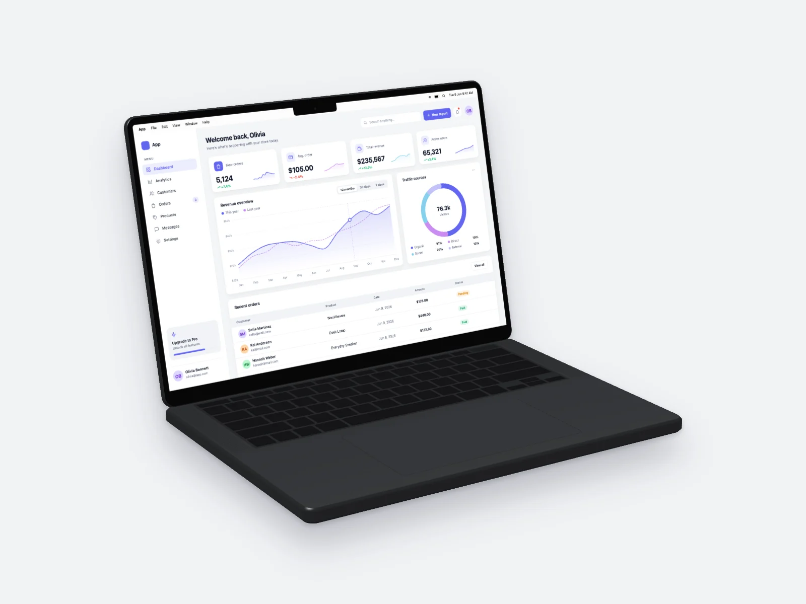 Analytics Dashboard mockup on MacBook Pro 14-inch, left angle, light grey