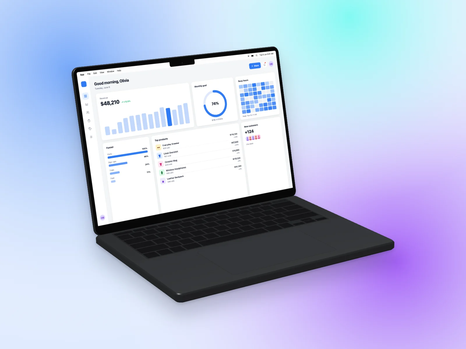 Analytics Dashboard mockup on MacBook Pro 14-inch, left angle, mesh gradient