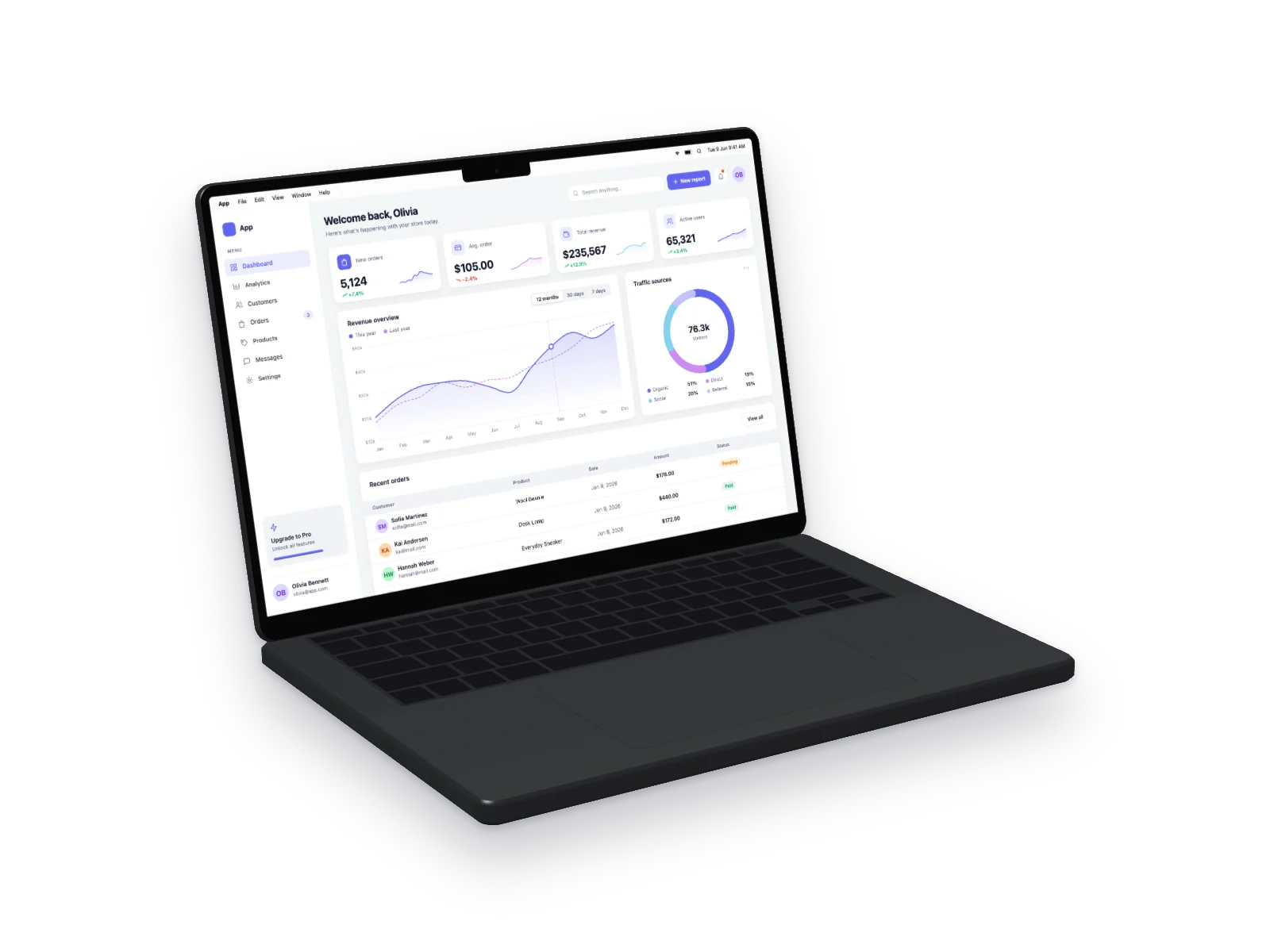 Analytics Dashboard mockup on MacBook Pro 14-inch, left angle, transparent