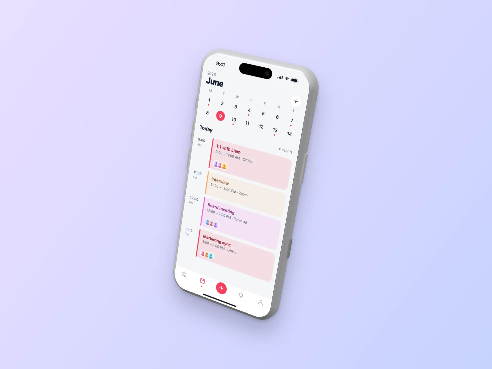 Calendar App mockup on iPhone 17 Pro, floating 3D