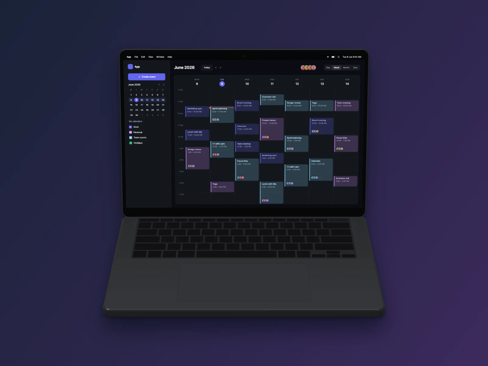 Calendar App mockup on MacBook Pro 14-inch, floating 3D, dark mode