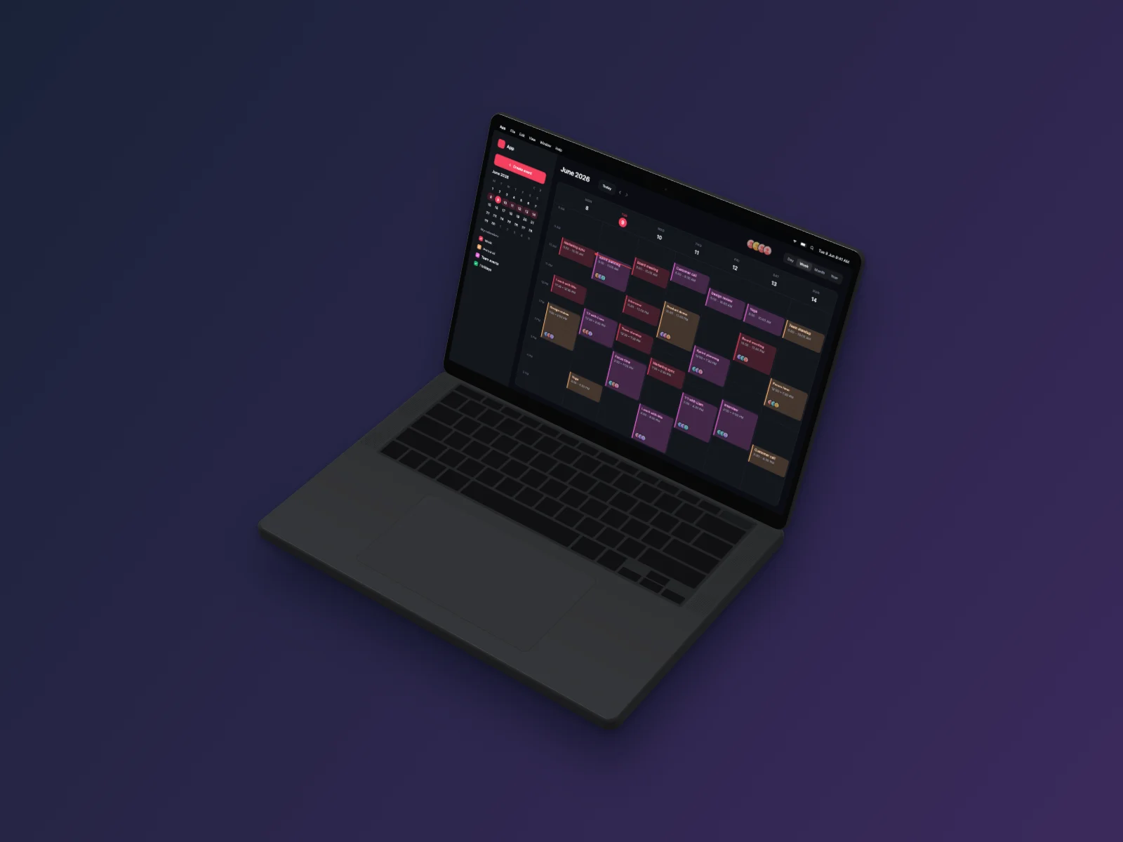 Calendar App mockup on MacBook Pro 14-inch, isometric, dark mode