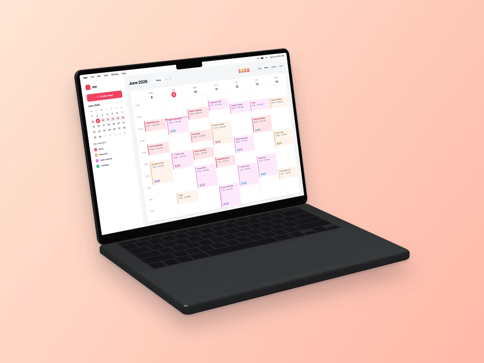 Calendar App mockup on MacBook Pro 14-inch, left angle