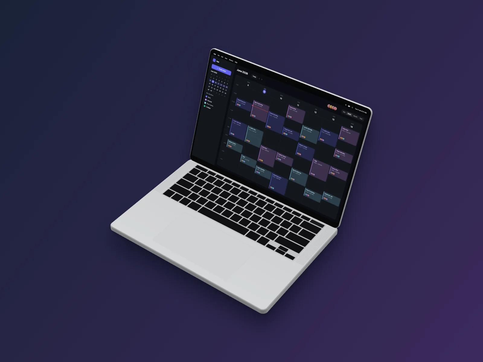 Calendar App mockup on MacBook Pro 16-inch, isometric, dark mode