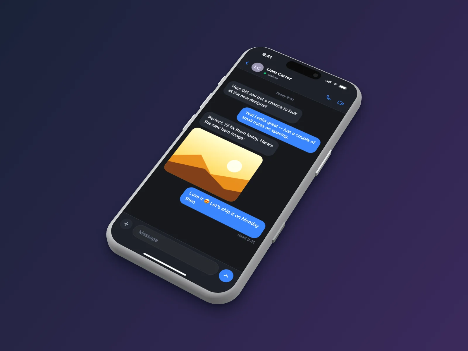 Chat App mockup on iPhone 17 Pro, isometric, dark mode