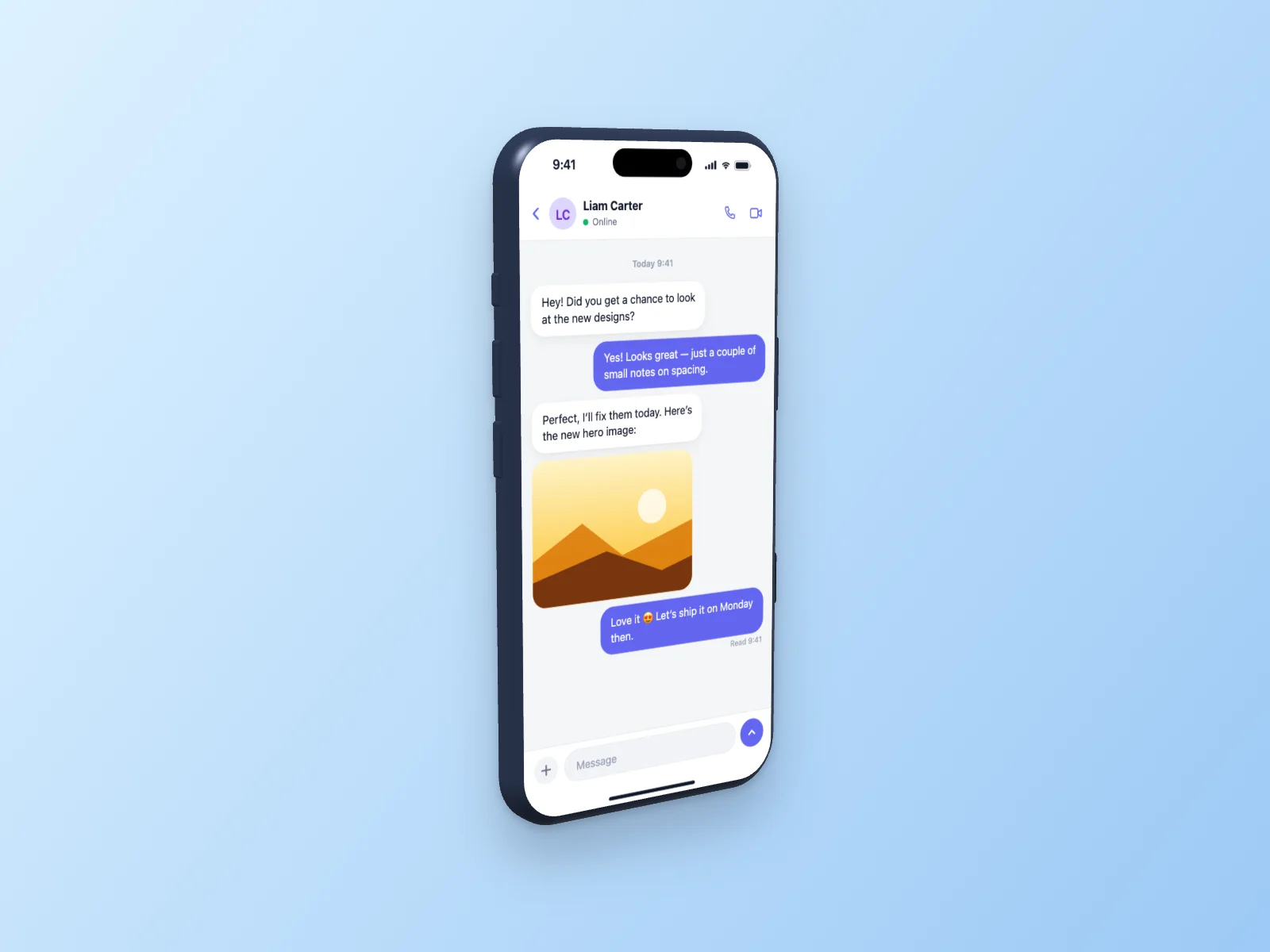 Chat App mockup on iPhone 17 Pro, left angle
