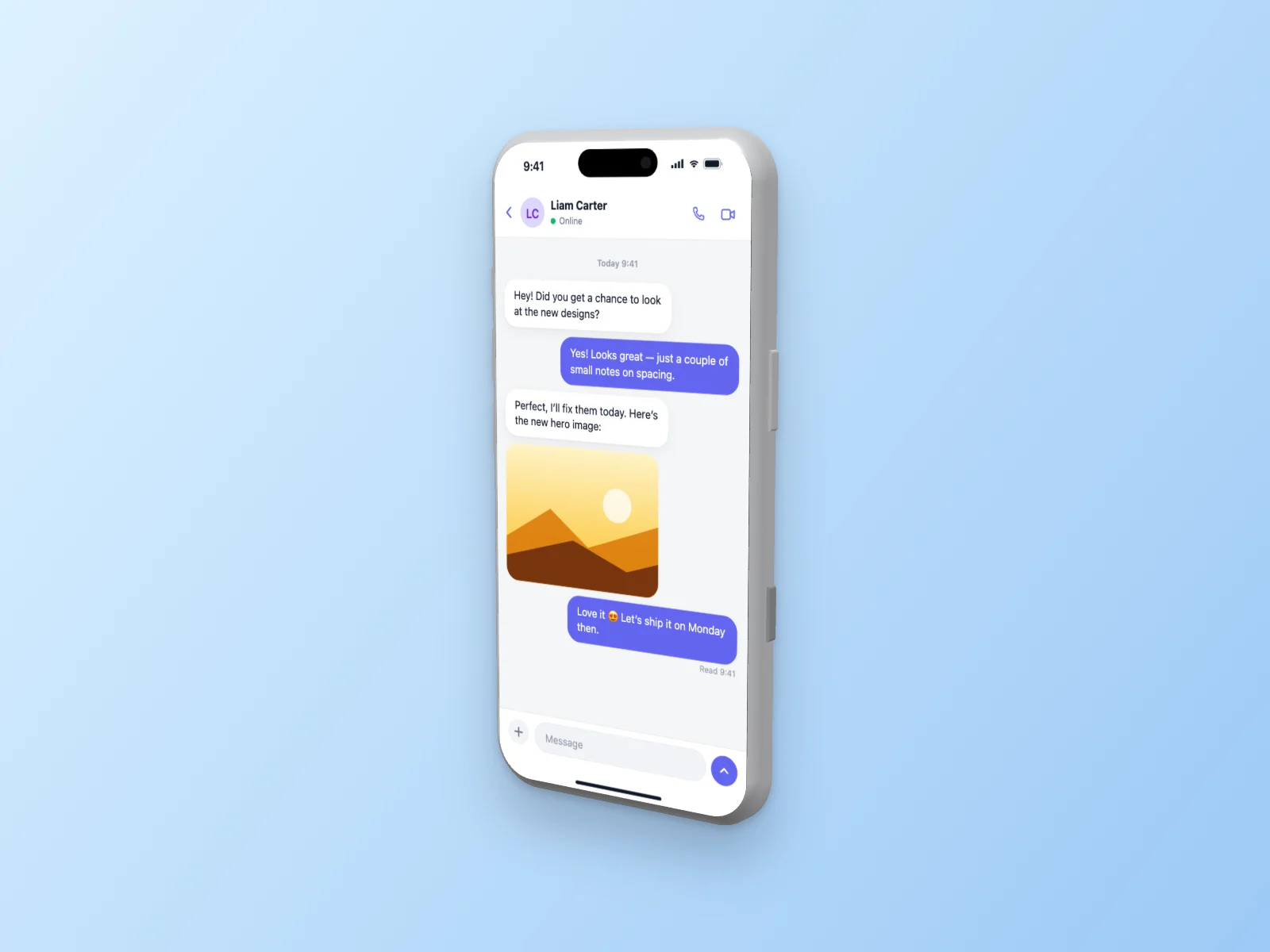 Chat App mockup on iPhone 17 Pro, right angle, sky blue