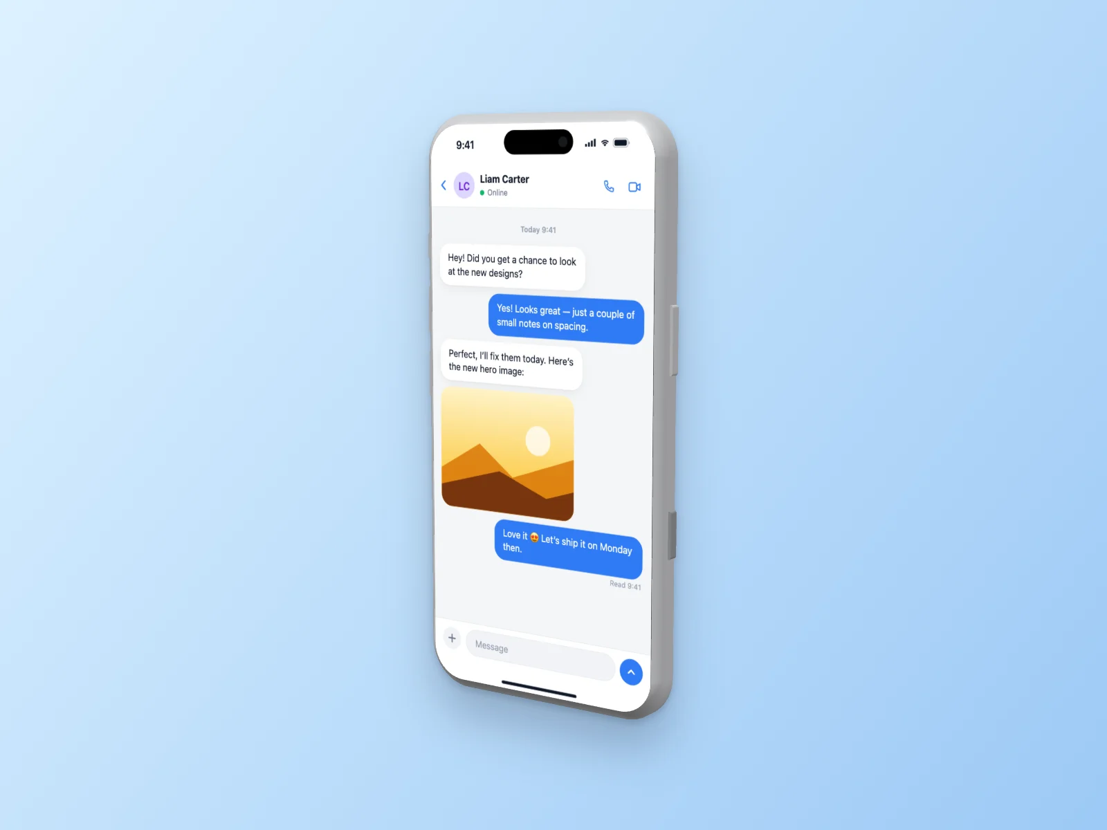 Chat App mockup on iPhone 17 Pro, right angle