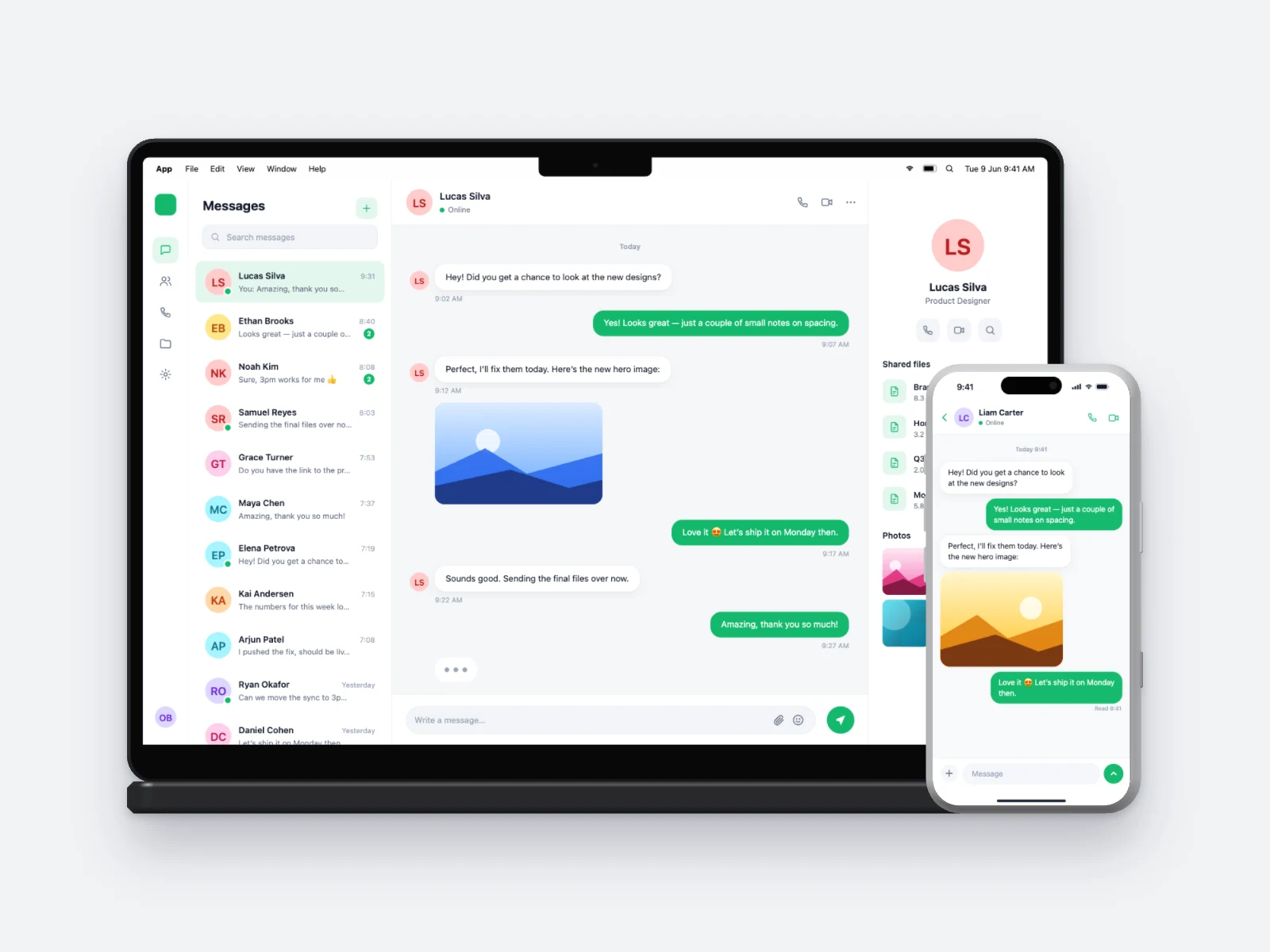 Chat App mockup on MacBook Pro 14-inch and iPhone 17 Pro