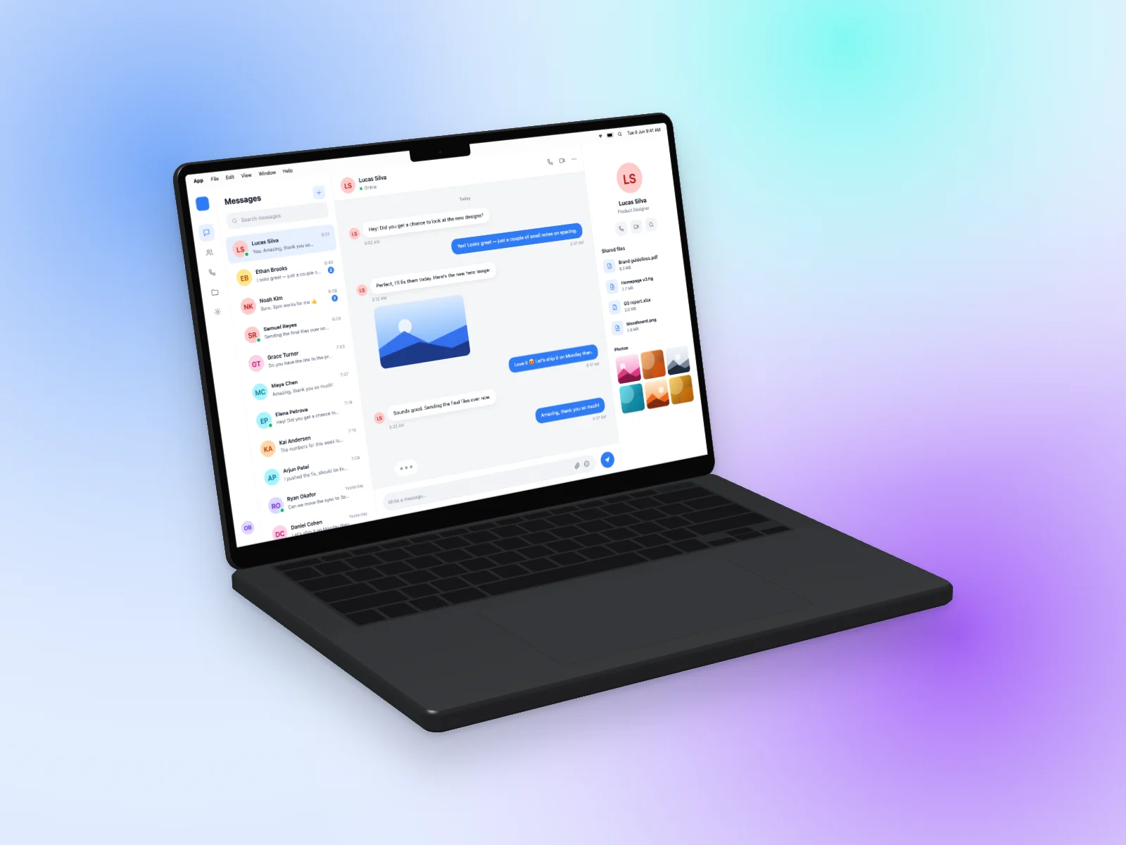 Chat App mockup on MacBook Pro 14-inch, left angle