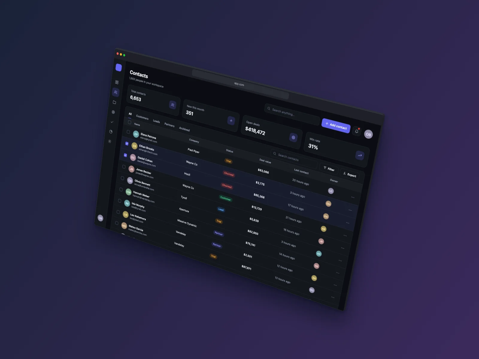 CRM Table mockup on Browser Window, floating 3D, dark mode