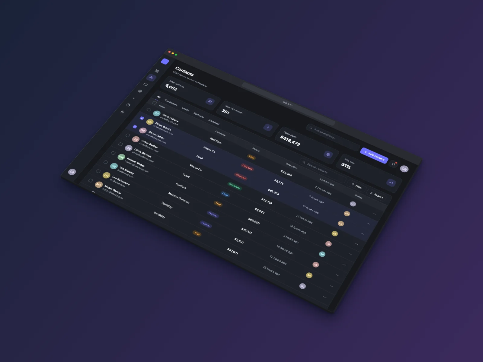 CRM Table mockup on Browser Window, isometric, dark mode
