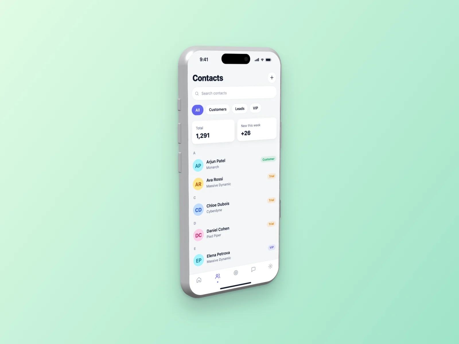 CRM Table mockup on iPhone 17 Pro, left angle