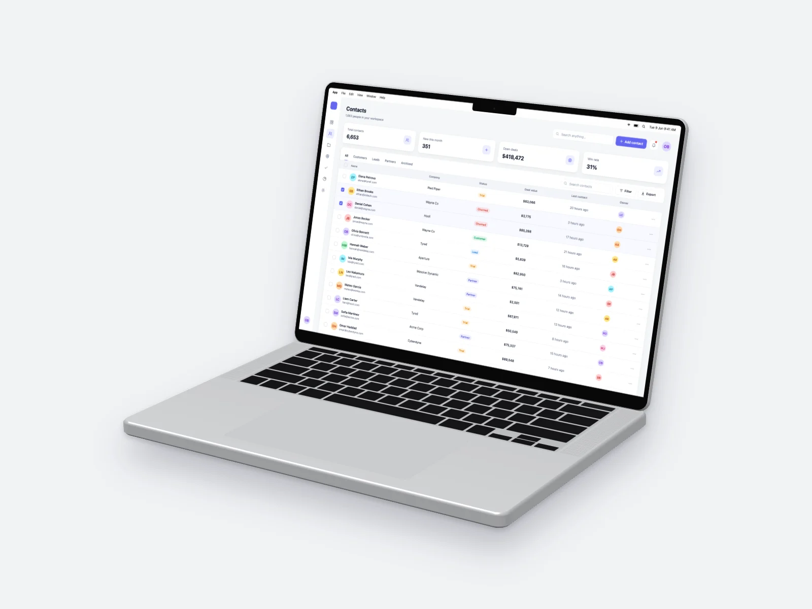 CRM Table mockup on MacBook Pro 16-inch, right angle