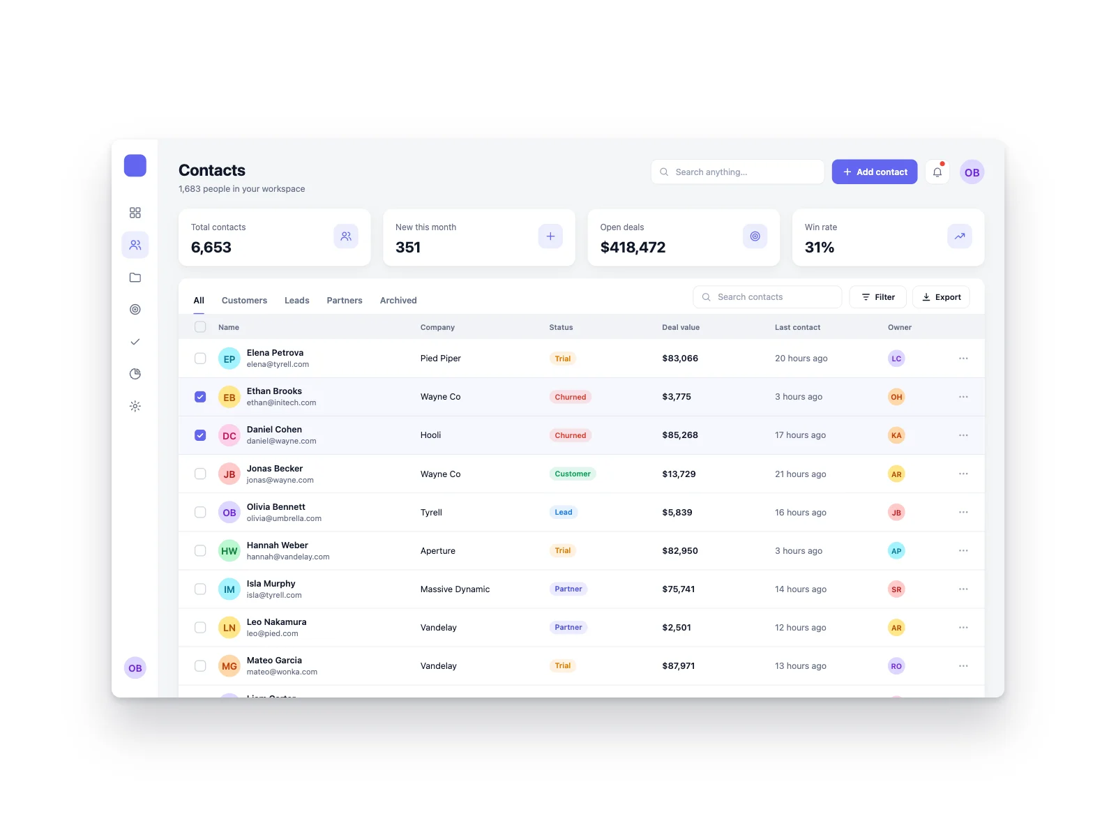 CRM Table UI screenshot