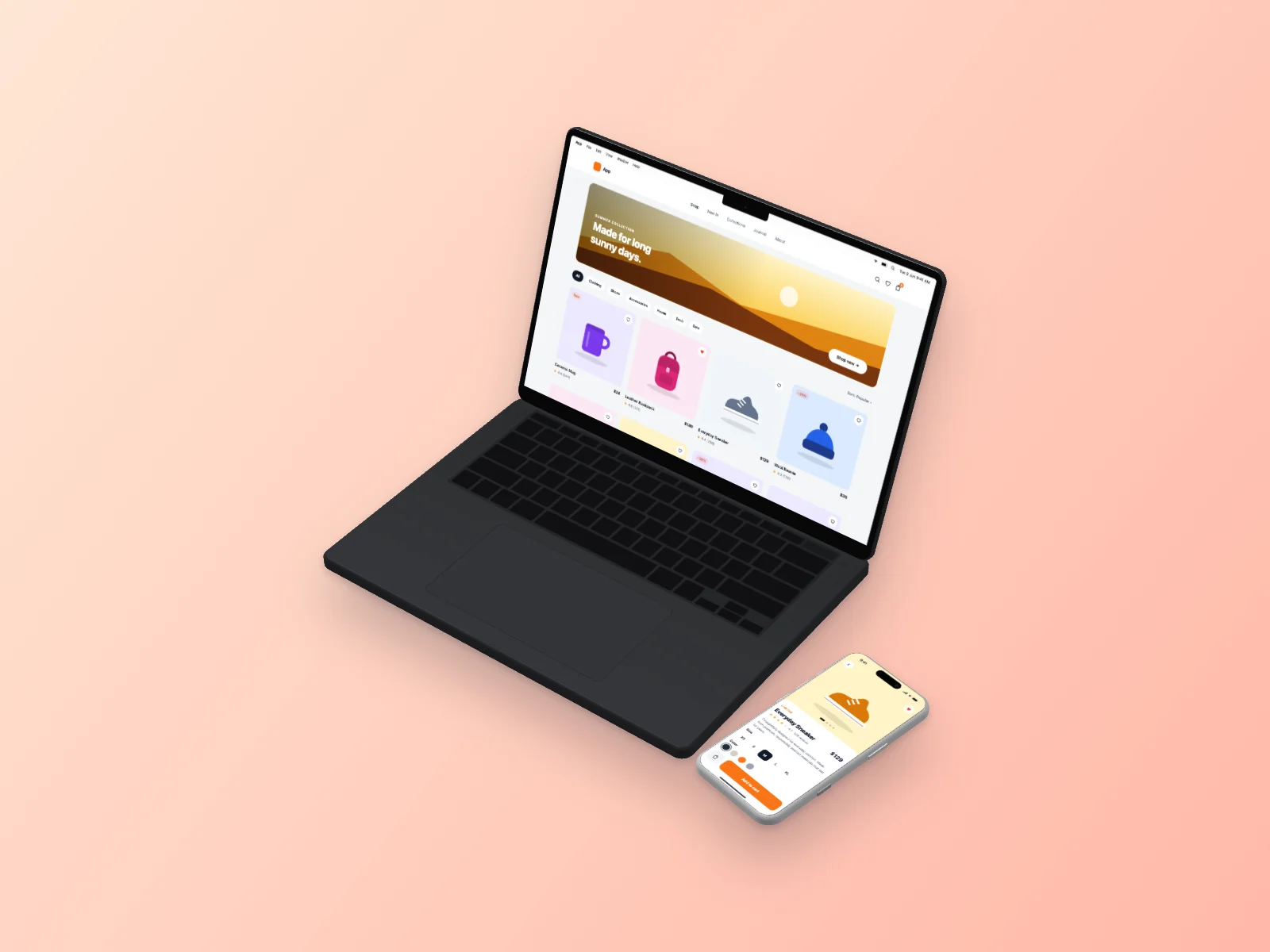 E-commerce Store mockup on MacBook Pro 14-inch and iPhone 17 Pro, isometric