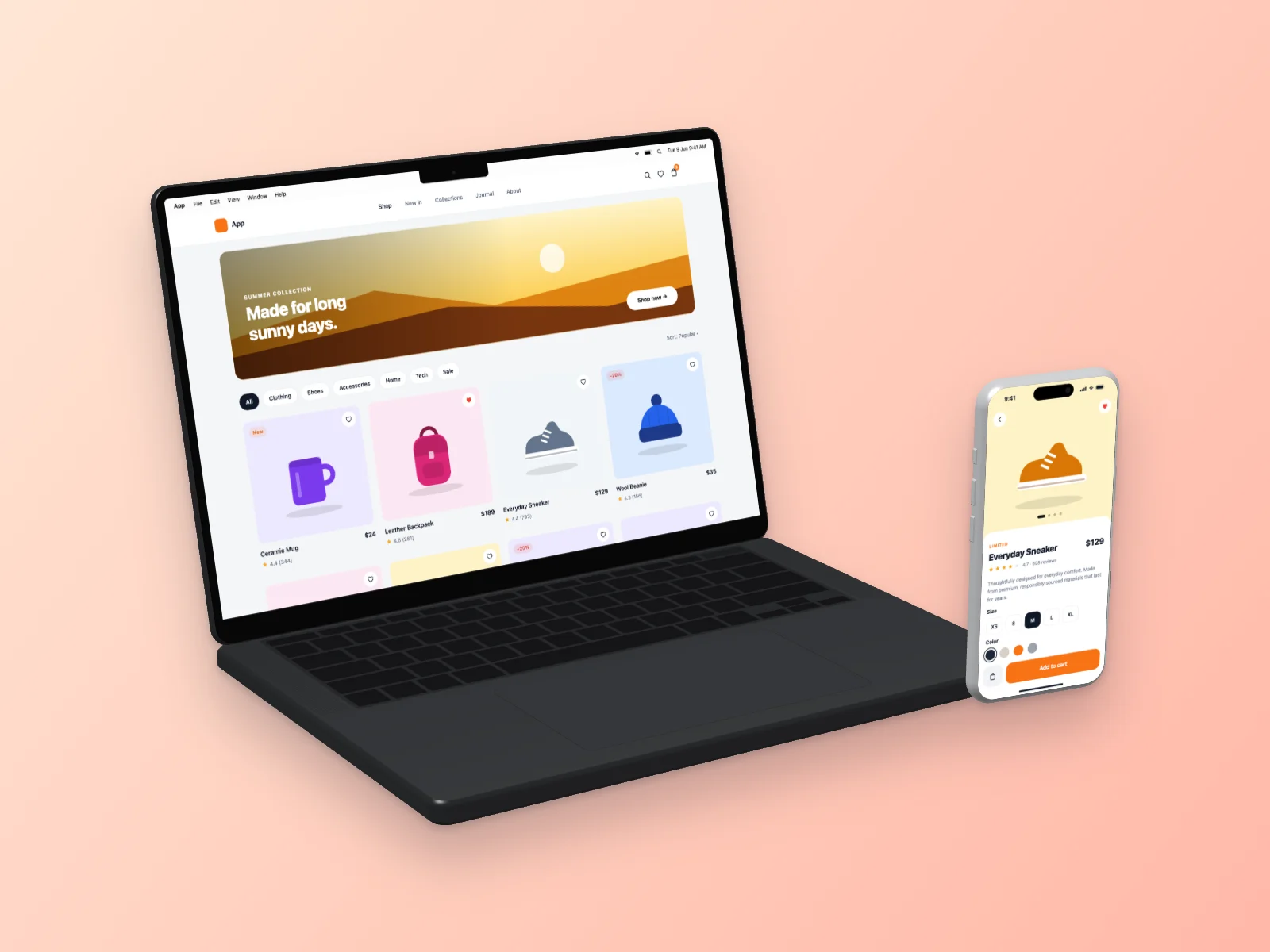 E-commerce Store mockup on MacBook Pro 14-inch and iPhone 17 Pro, left angle