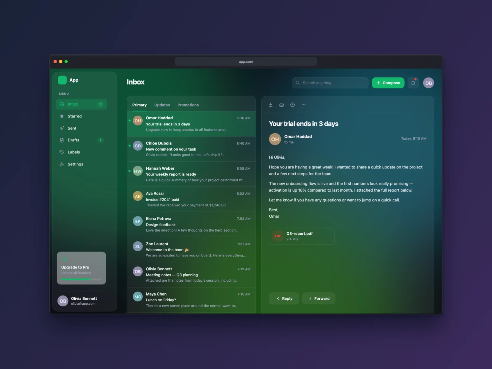 Email Inbox mockup on Browser Window, dark mode