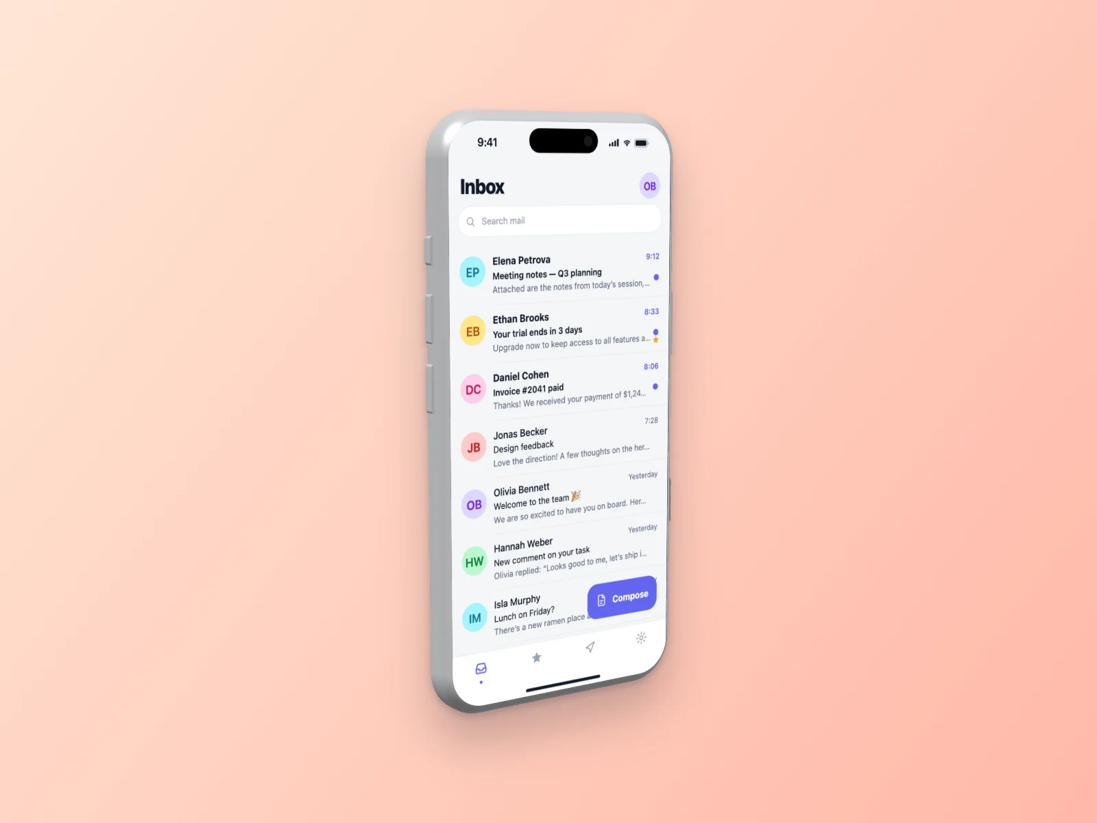 Email Inbox mockup on iPhone 17 Pro, left angle