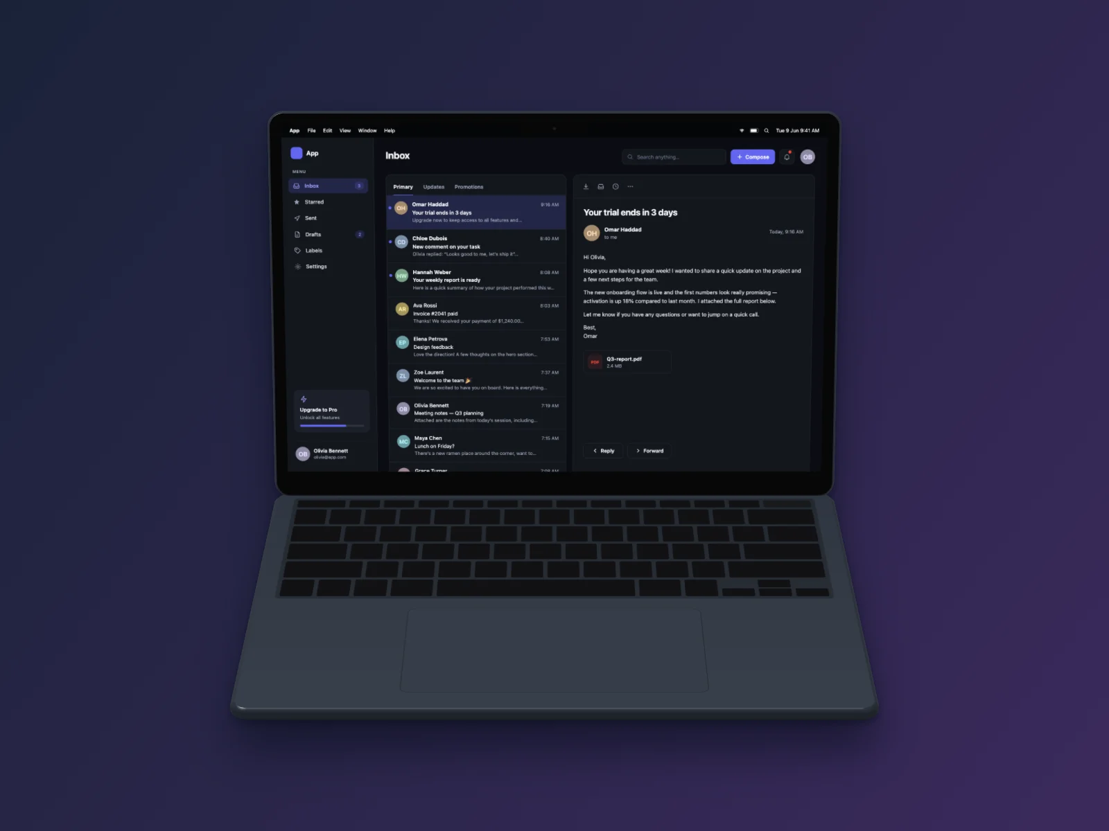 Email Inbox mockup on MacBook Air 13-inch, floating 3D, dark mode