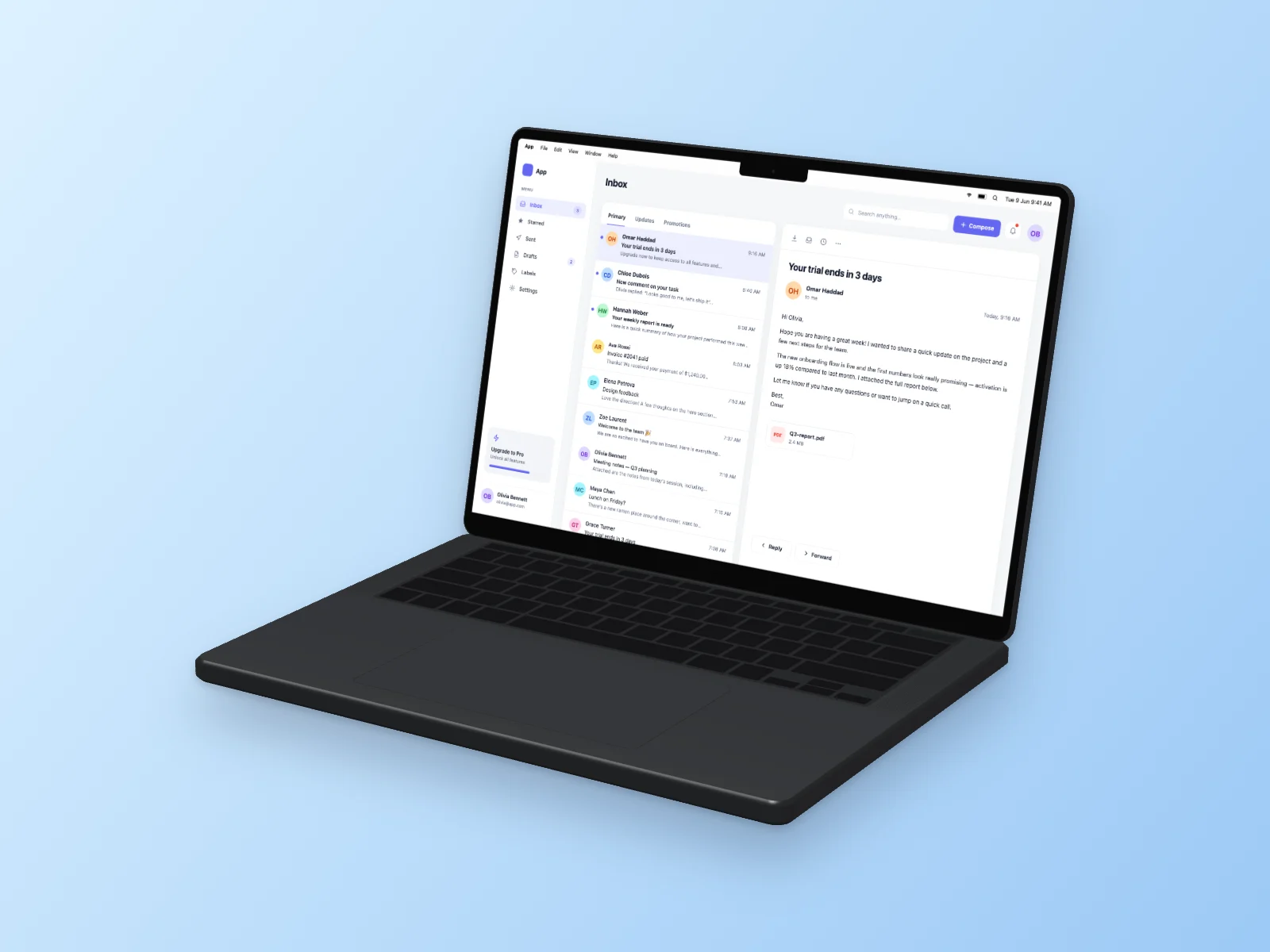 Email Inbox mockup on MacBook Pro 14-inch, right angle