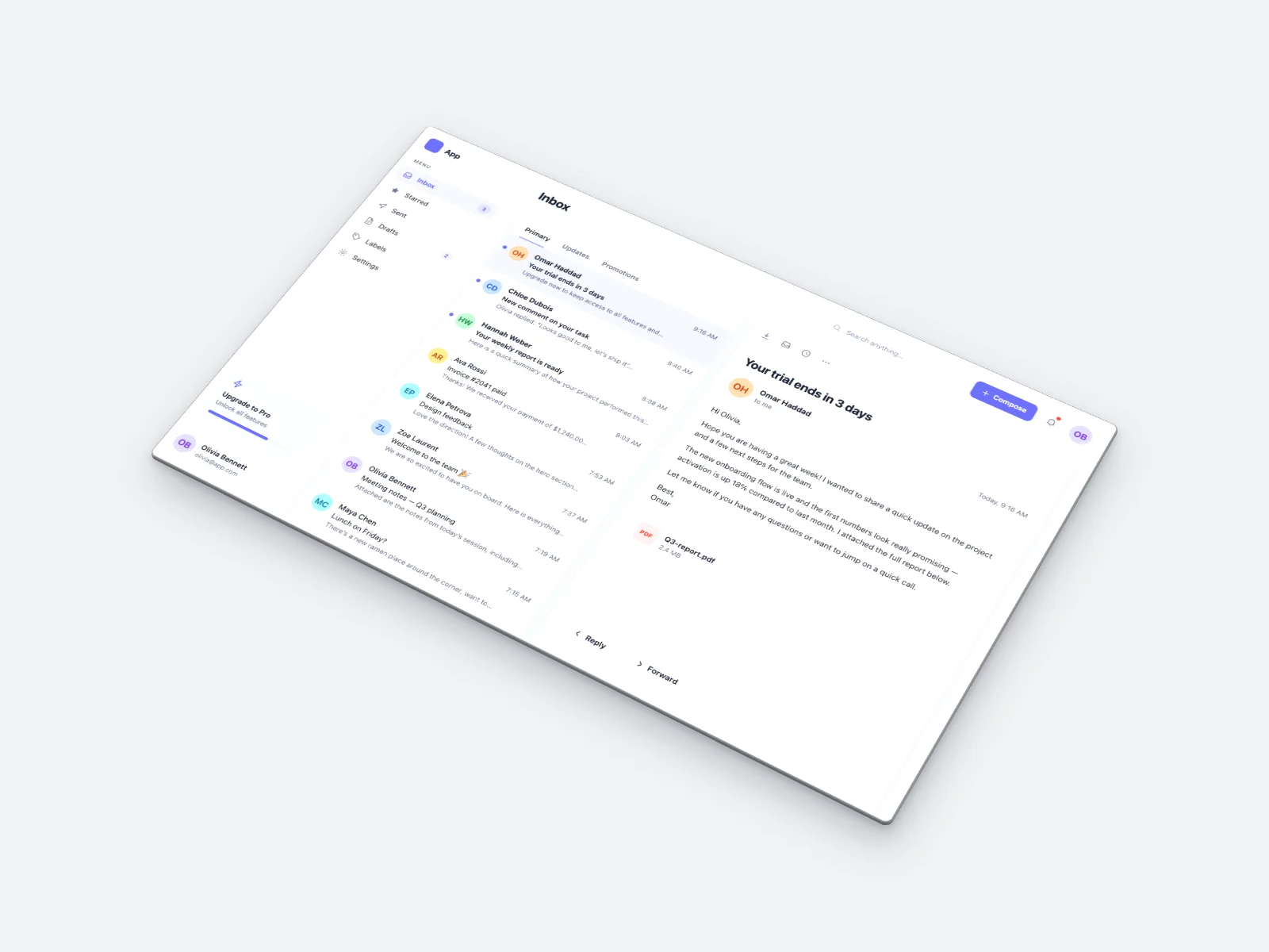 Email Inbox UI screenshot, isometric