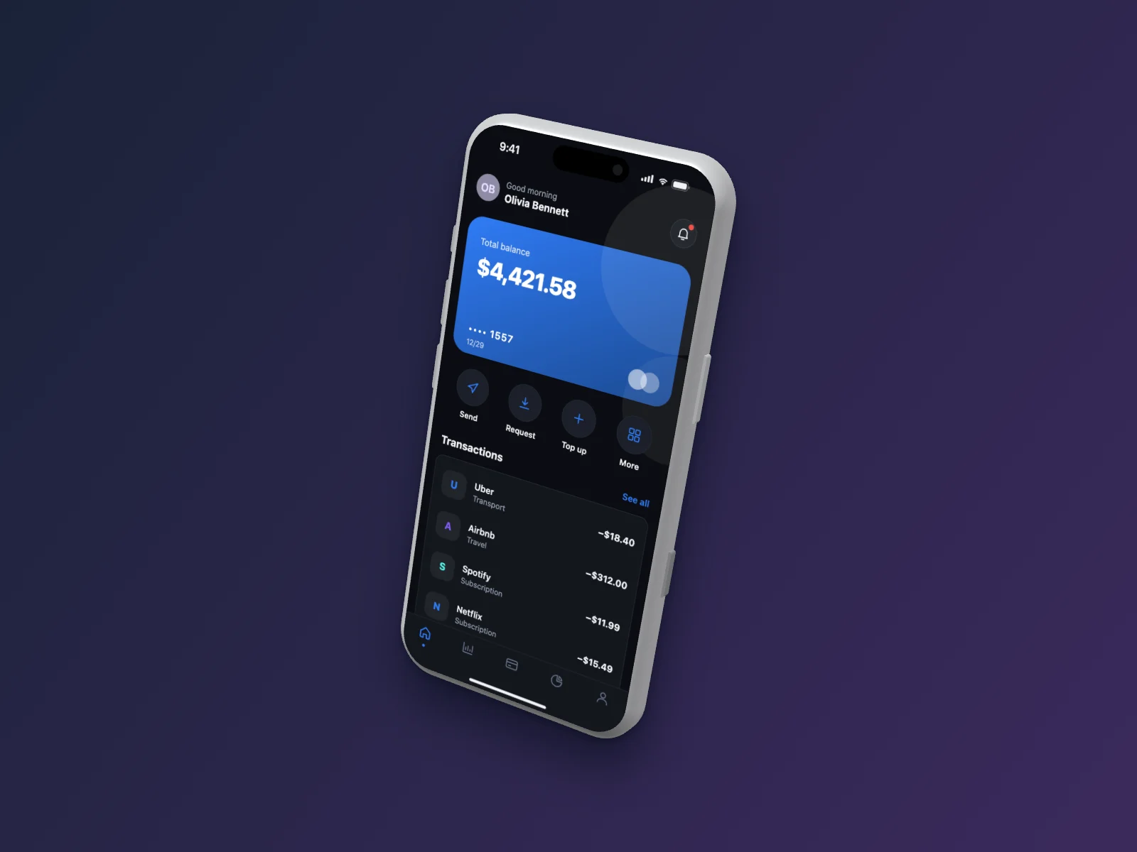 Finance App mockup on iPhone 17 Pro, floating 3D, dark mode