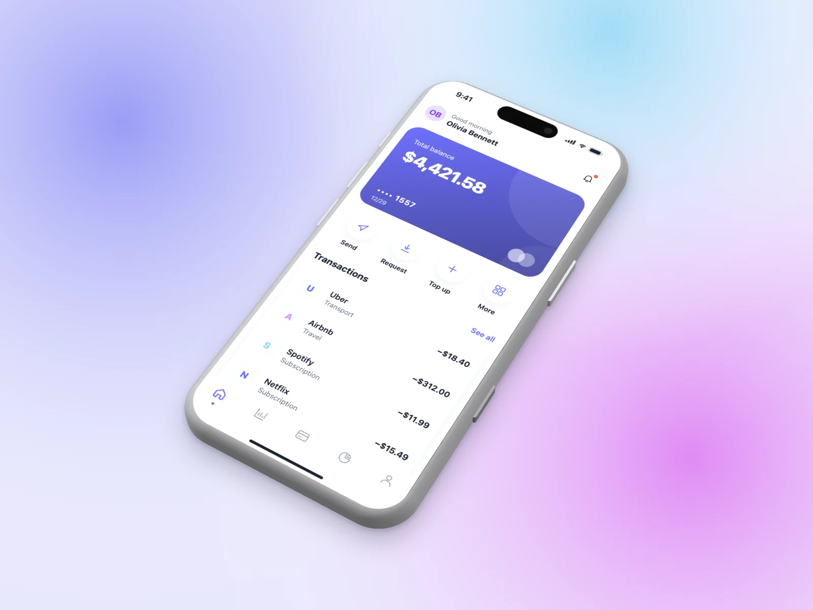 Finance App mockup on iPhone 17 Pro, isometric, mesh gradient