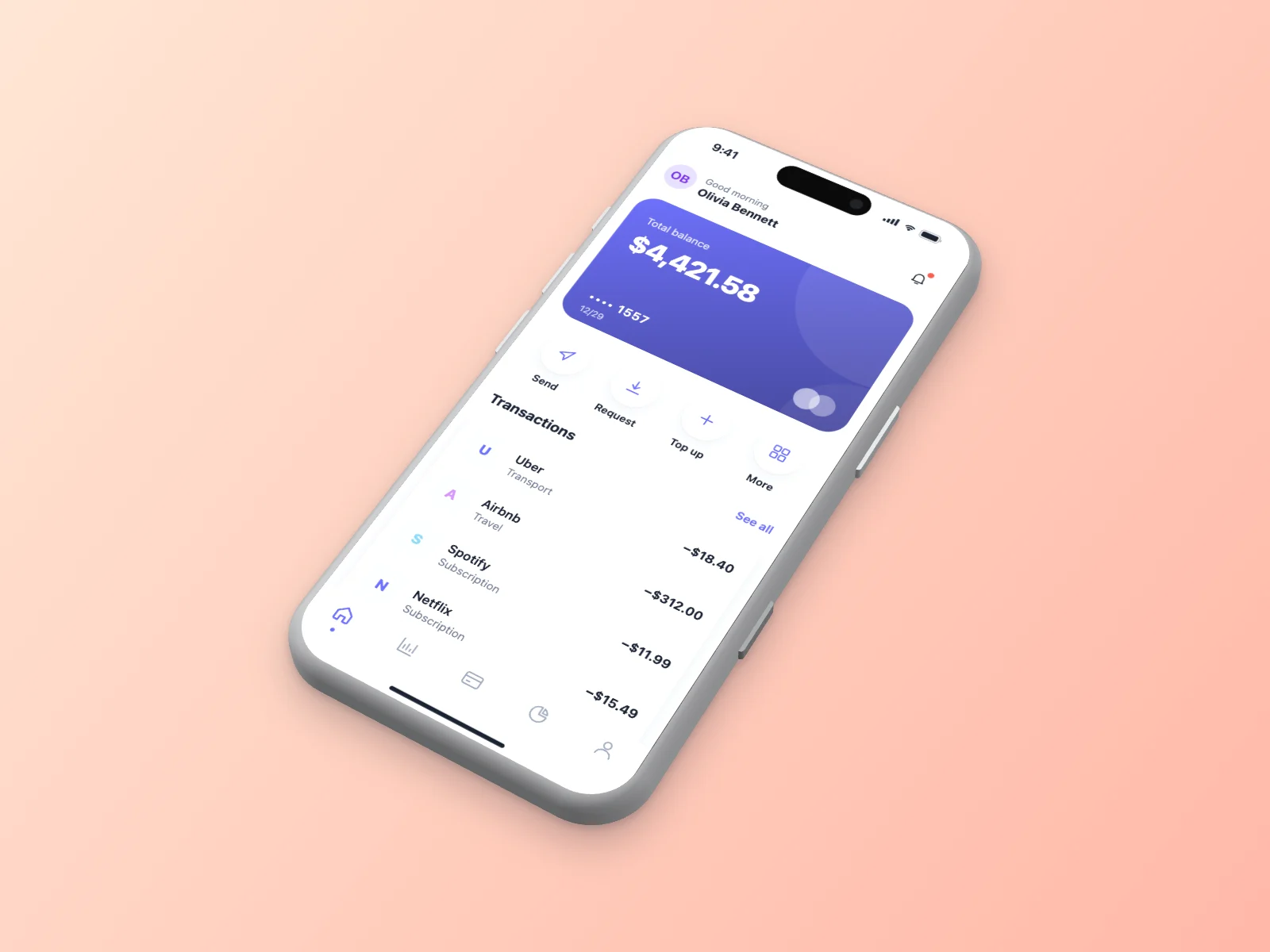 Finance App mockup on iPhone 17 Pro, isometric, peach
