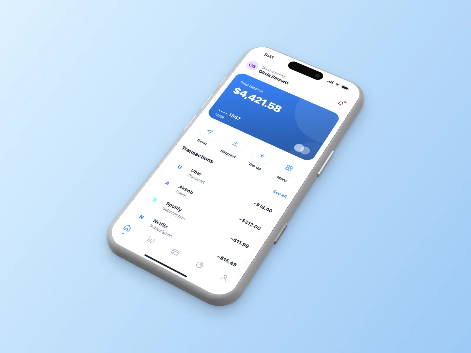 Finance App mockup on iPhone 17 Pro, isometric