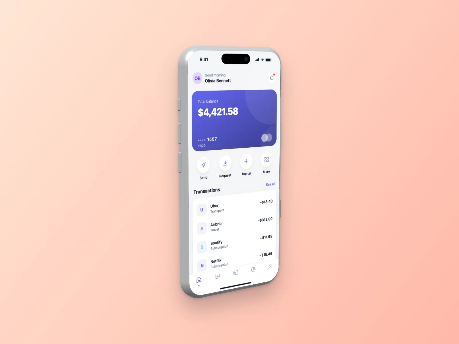 Finance App mockup on iPhone 17 Pro, left angle